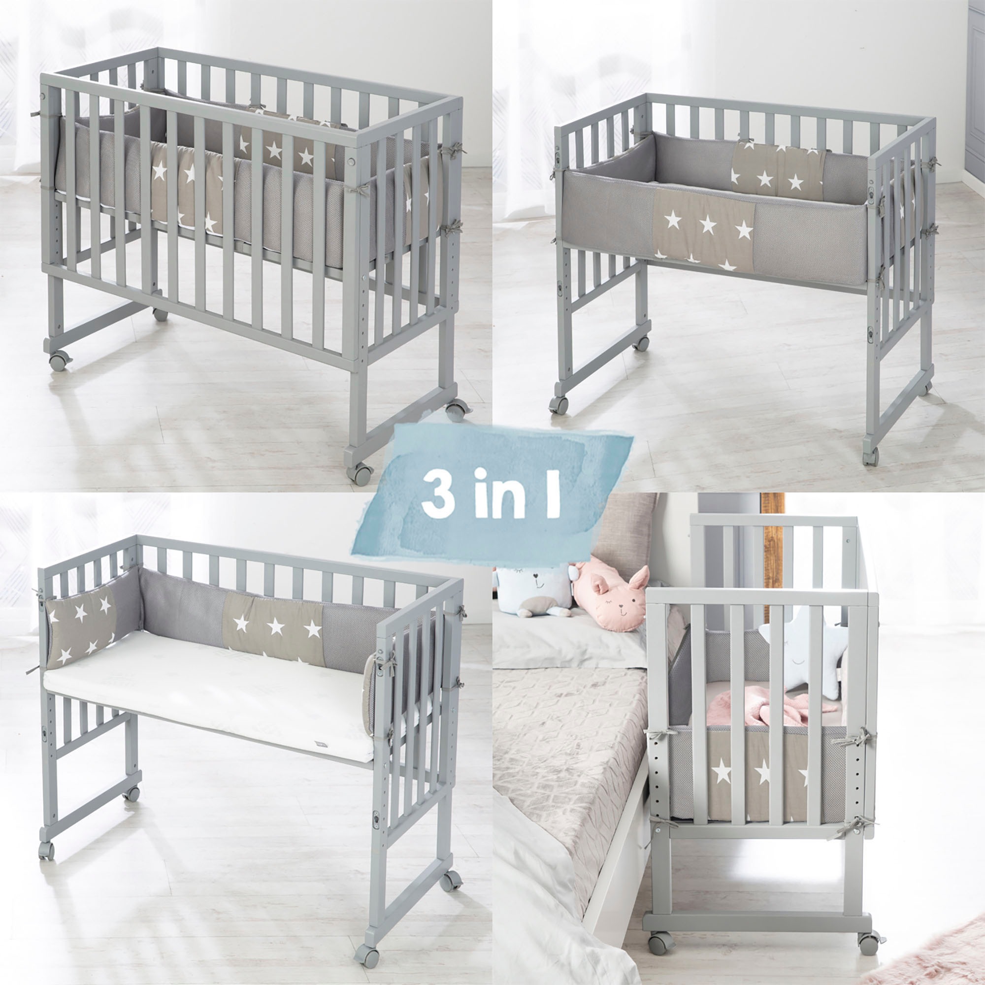 roba® Stubenbett »Safe Asleep® 2in1, taupe, Little Stars«, mit 4 Rollen, Matratze, Nestchen und Sicherheitsbarriere