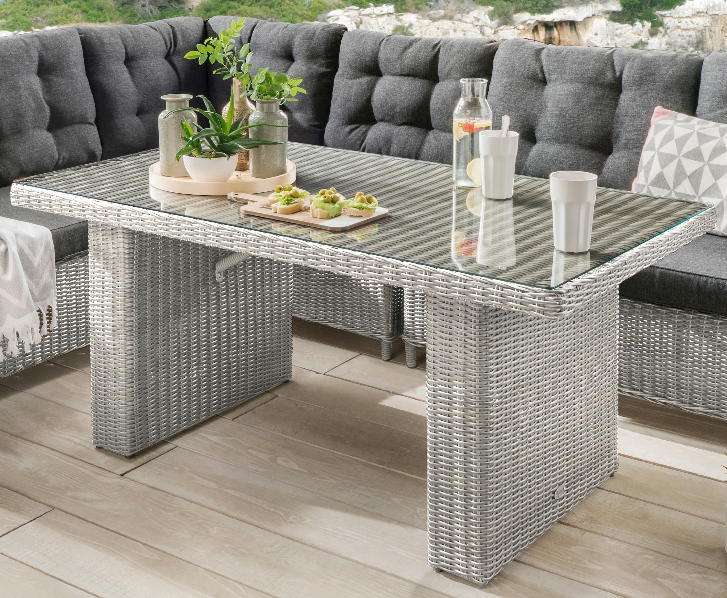 Destiny Garten-Essgruppe »PALMA«, (19 tlg., 2x Schenkel, 1x Eckmodul, 1x Singlemodul, 1x Tisch, inkl. Auflagen), Aluminium, Polyrattan