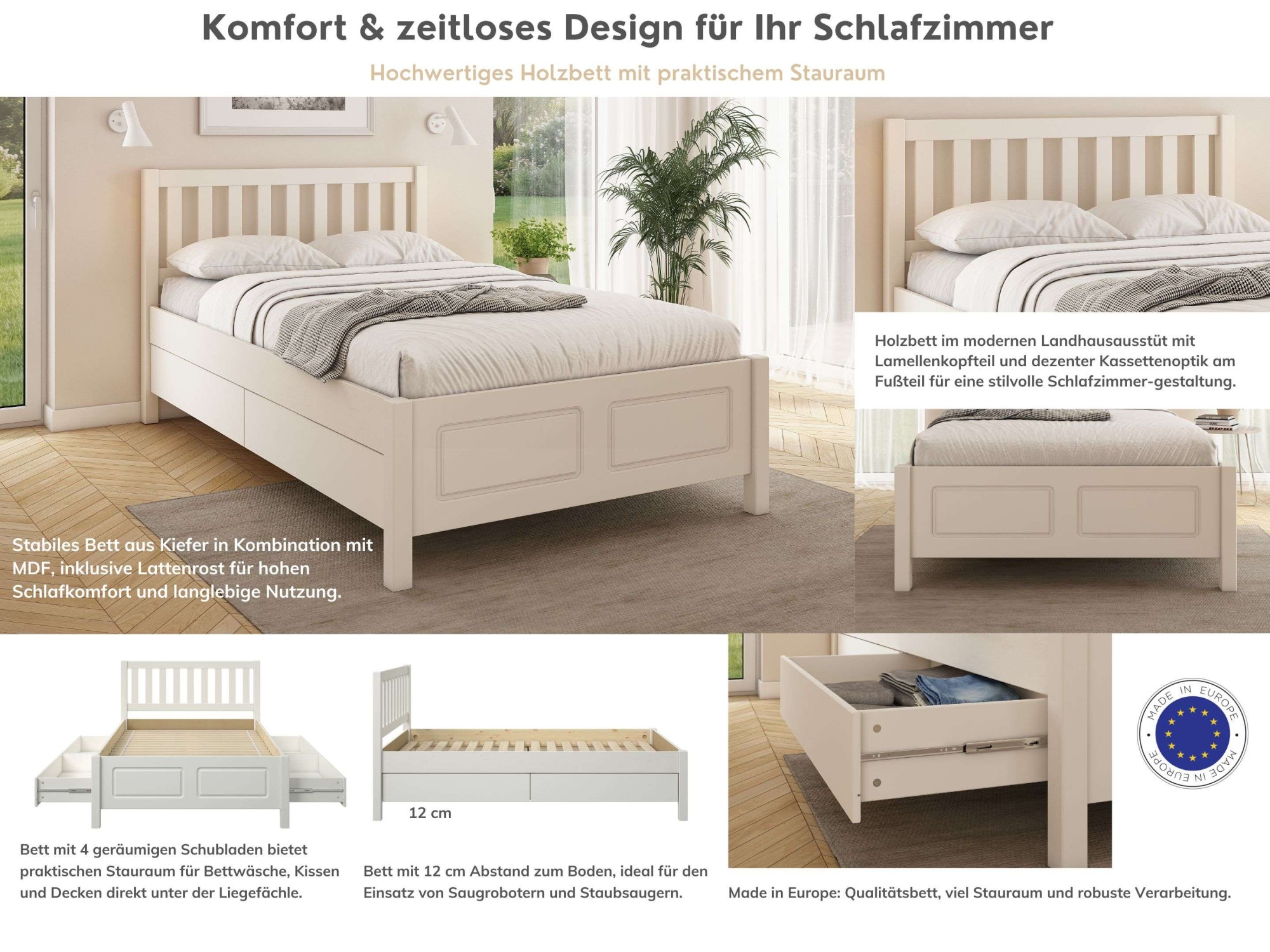OTTO home Stauraumbett »Synnra, Stauraumbett, 4 Schubladen, Made in EU, Landhausstil« FSC® zertifiziert, Kassettenfront, Stauraumlösung und Komfort