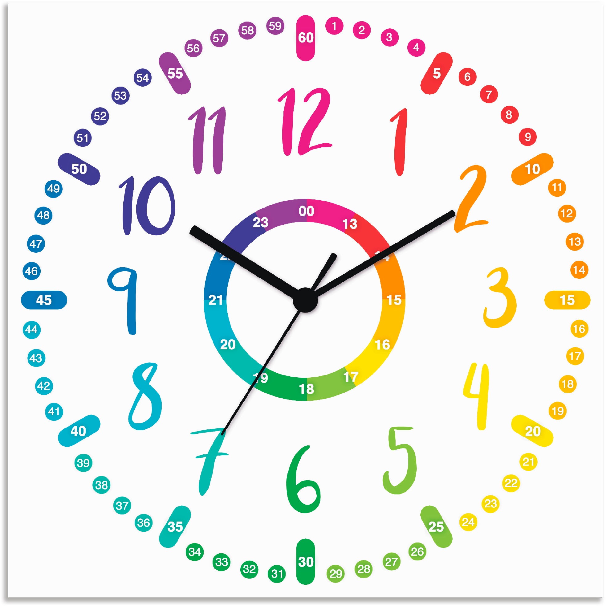 Artland Wanduhr »Kinderuhr - bunt«, lautlos, ohne Tickgeräusche, nicht tickend, geräuschlos - wählbar: Funkuhr o. Quarzuhr, moderne Uhr für Wohnzimmer, Küche etc. - Stil: modern