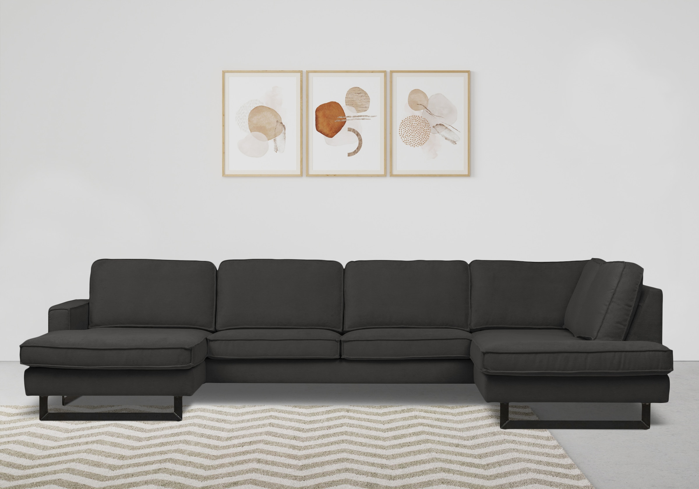 Places of Style Wohnlandschaft »Pinto, 350 cm, U-Form, XXL, mit Ottomanen«, Cord, Chenille, Lederoptik, mit Keder, Metallfüße, Wellenunterfederung