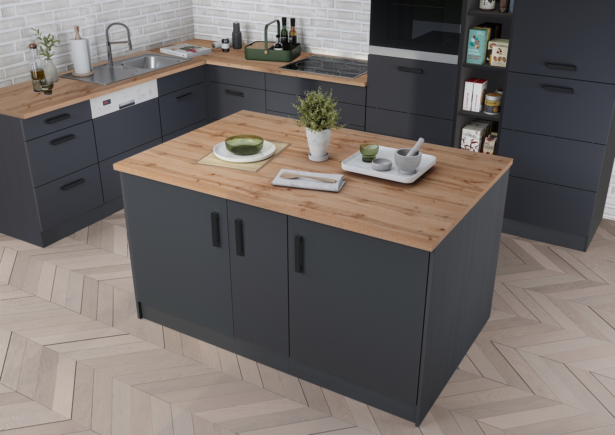 KOCHSTATION Kücheninsel »KS-Toronto«, Breite 153 cm, MDF-Fronten, Flaschenregal
