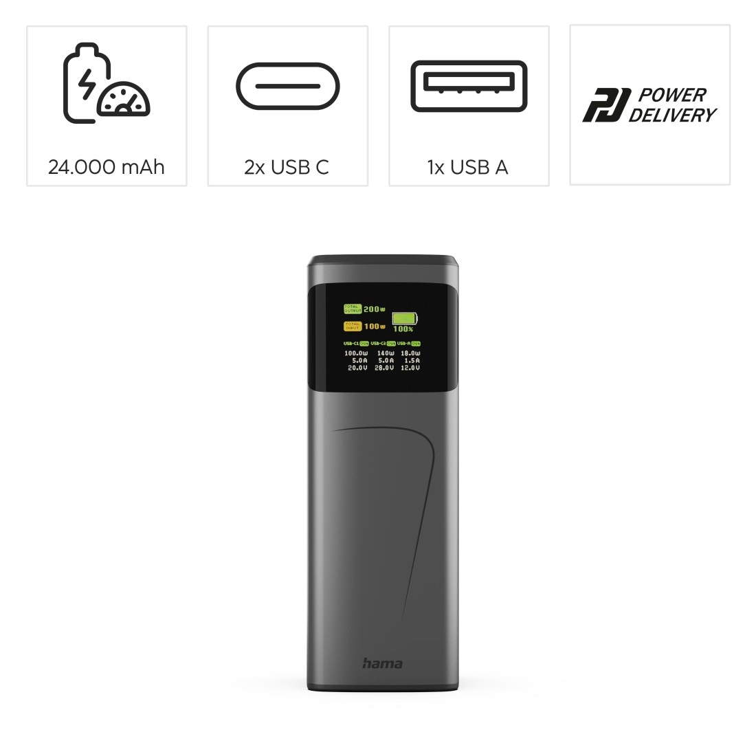 Hama Powerbank »Powerbank (200 W, 24000 mAh, 2x USB-C, 1x USB-A, Schnellladen)«