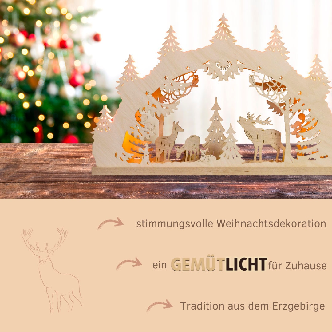 Weigla Schwibbogen »Hirschfamilie, Lichterbogen aus Holz, NATUR«, Erzgebirge garantiert, Weihnachtsdeko Innen, Weihnachtsbeleuchtung