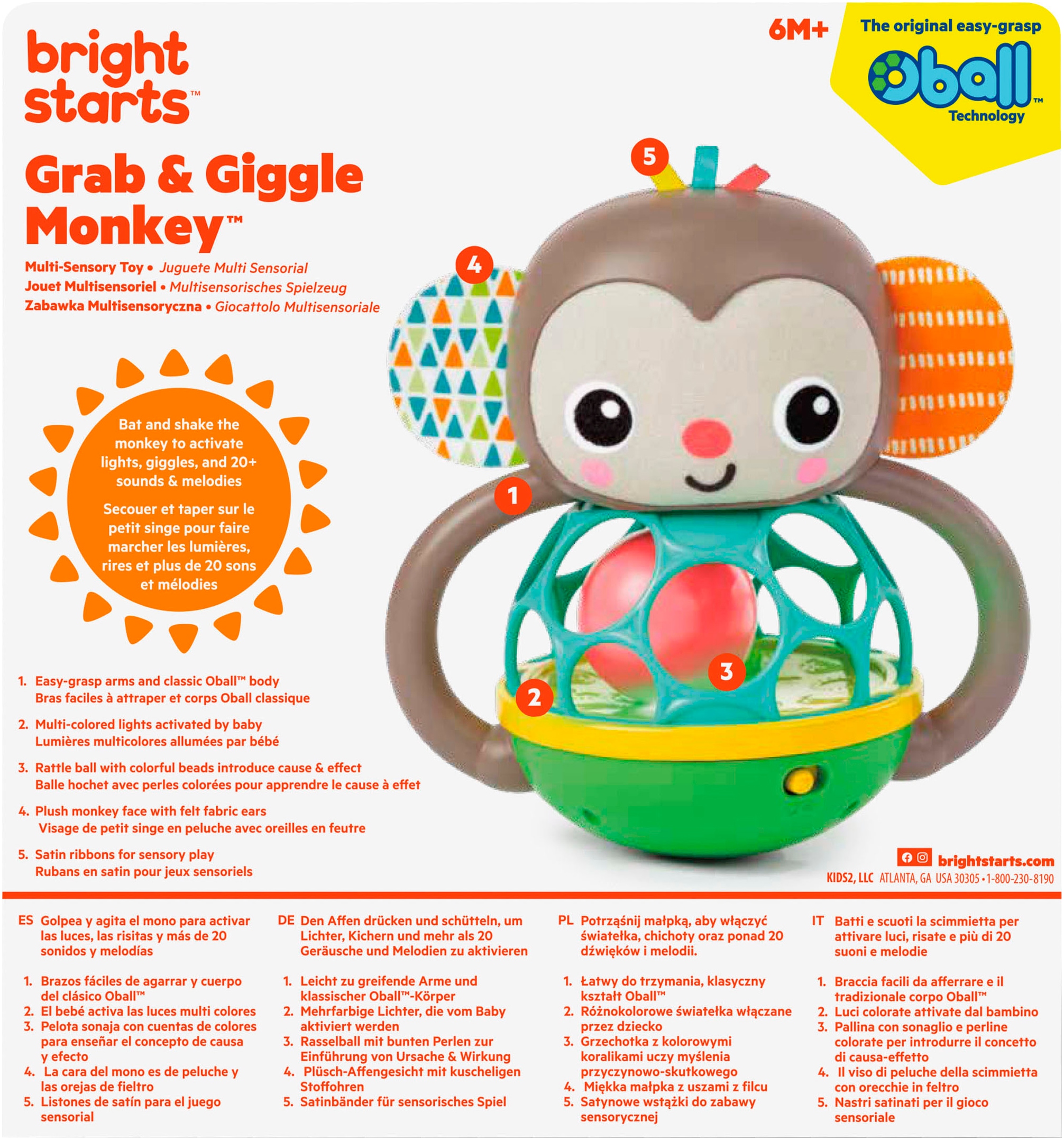 Bright Starts Greifspielzeug »Grab & Giggle Monkey™ Multi-Sensory Toy«, mit Sound