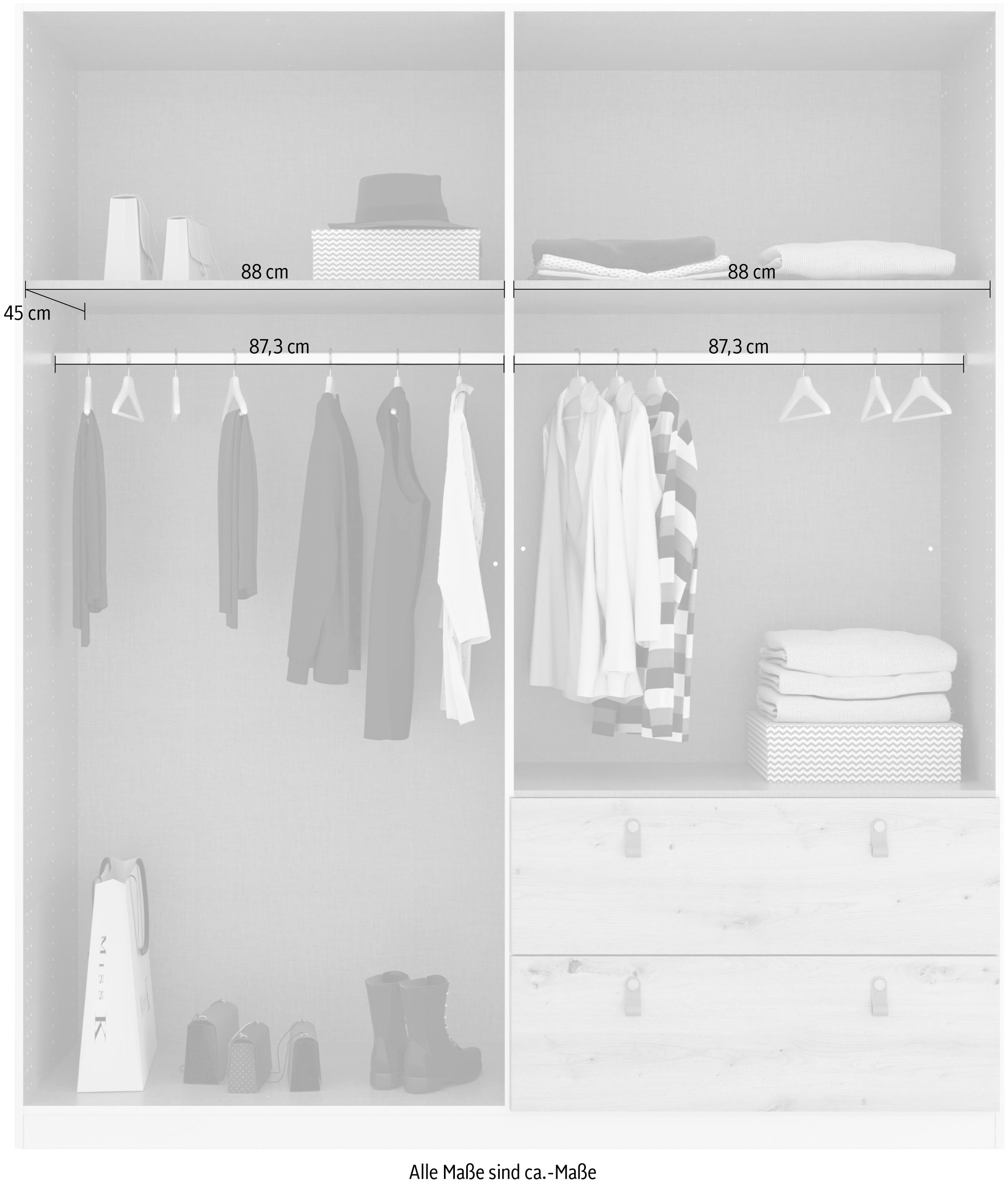 rauch Drehtürenschrank »Homey by Quadra Spin« mit cognacbraunen Ledergrifflaschen, Schubladen in Eichen-Dekor