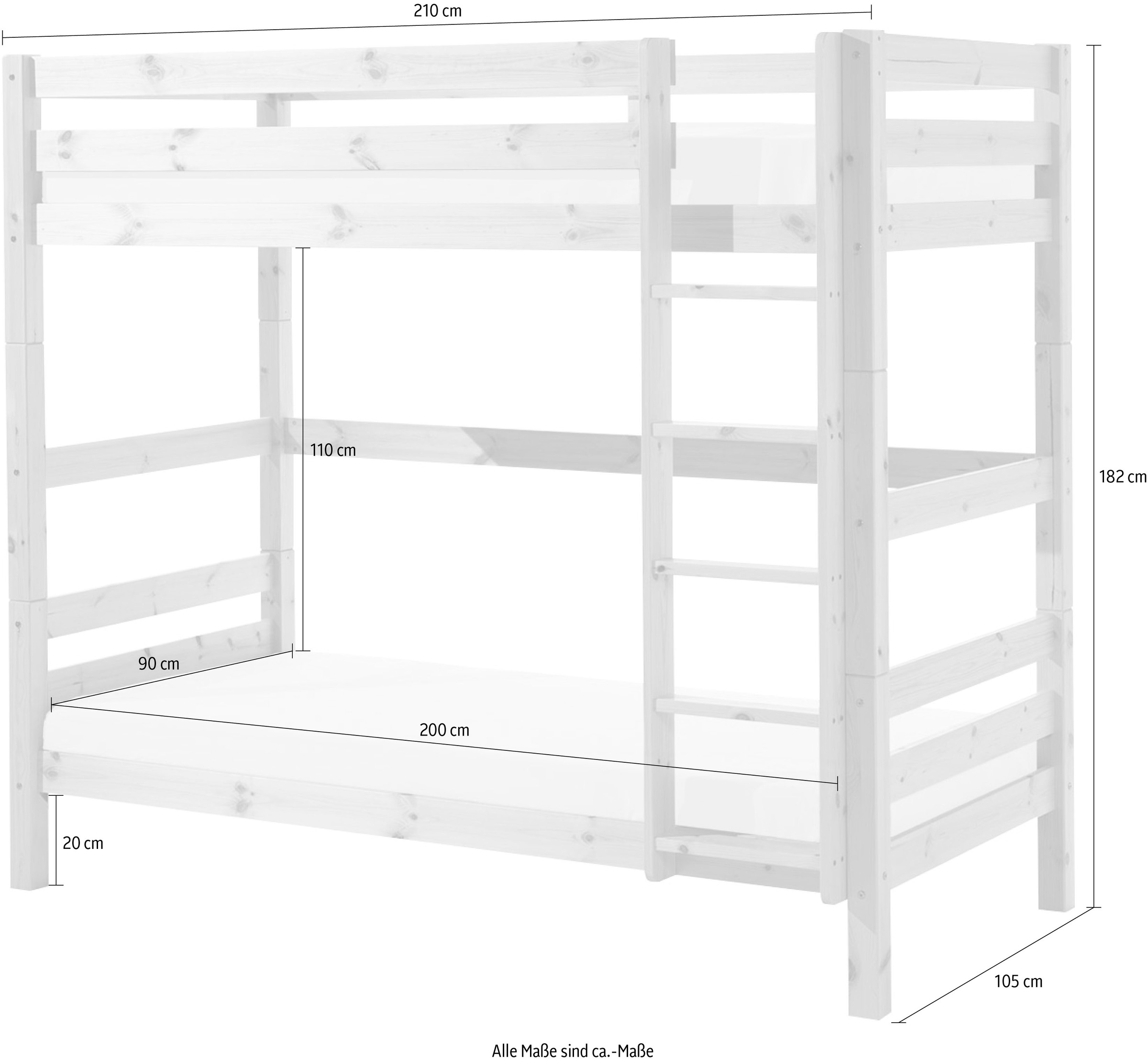 Vipack Etagenbett »Pino, inkl. Rolllattenrost, Leiter und Absturzschutz«, (B/H/T ca. 210x182x105cm, massiv Kiefer verschiedene Farben), wahlweise ohne Schublade, mit 1 großen, 2 kleinen Bettschubladen