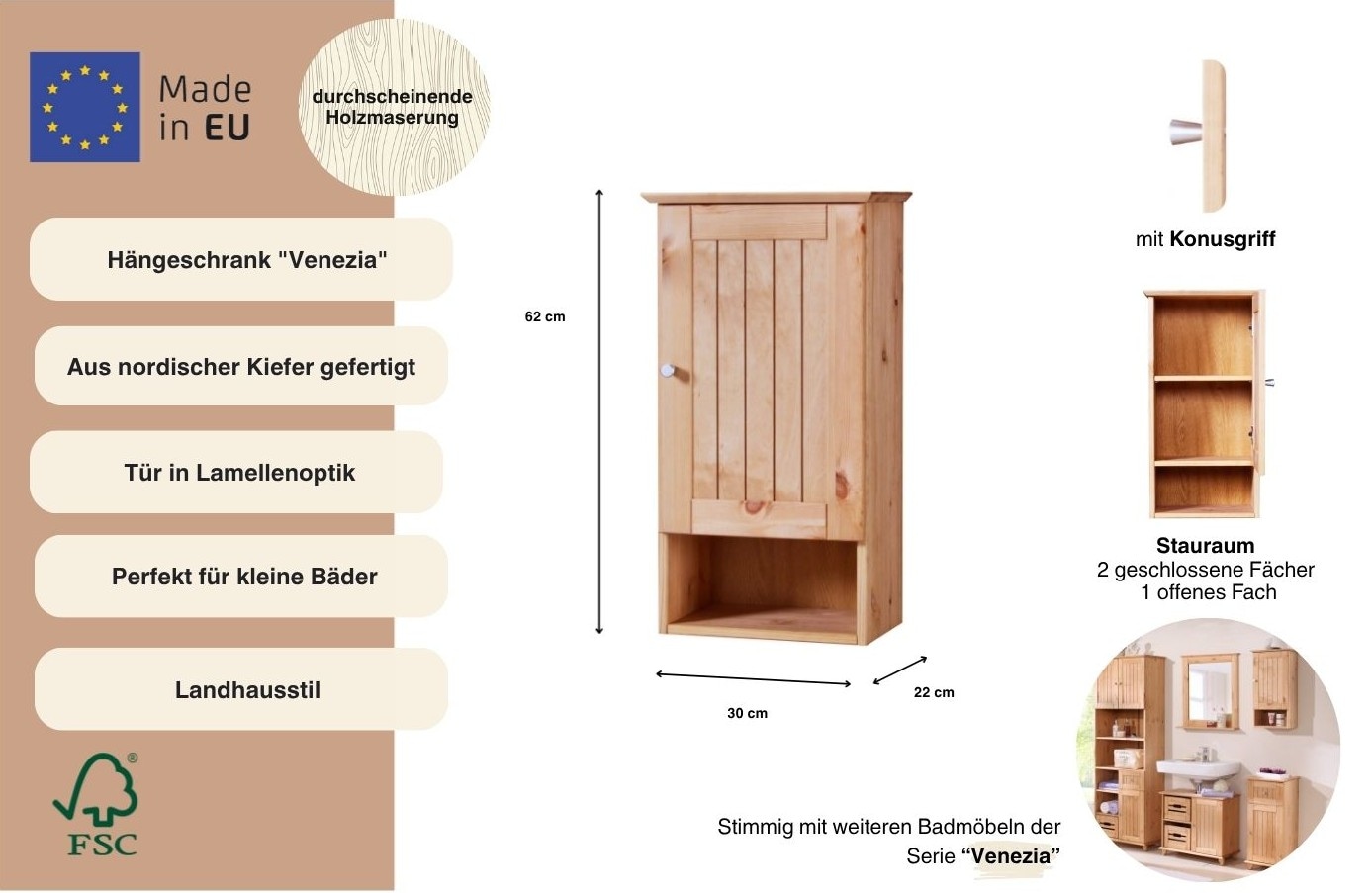 welltime Hängeschrank »Venezia Landhaus« Badmöbel, aus massiver Kiefer, Breite 33 cm