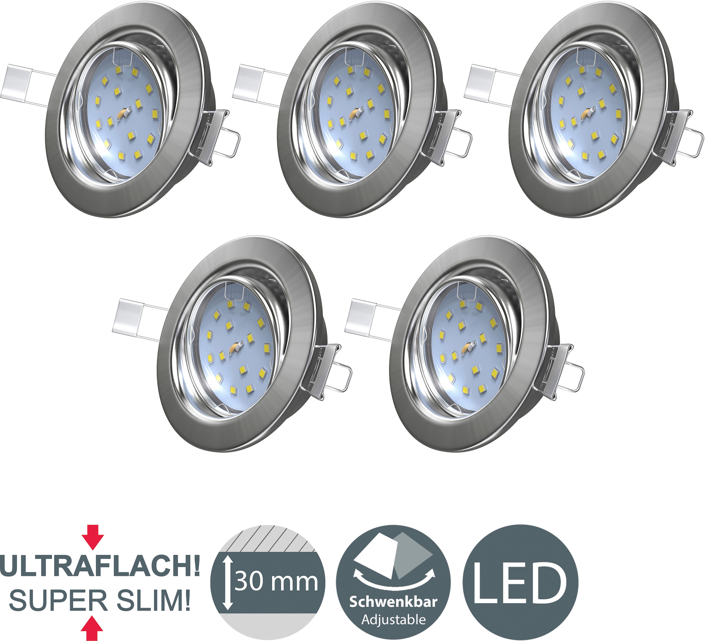 B.K.Licht LED Einbauleuchte, 5er Set, 5 x LED-Modul 4,8 Watt, 400lm, 3.000K, Metallrahmen, nicht dimmbar, Strahler schwenkbar