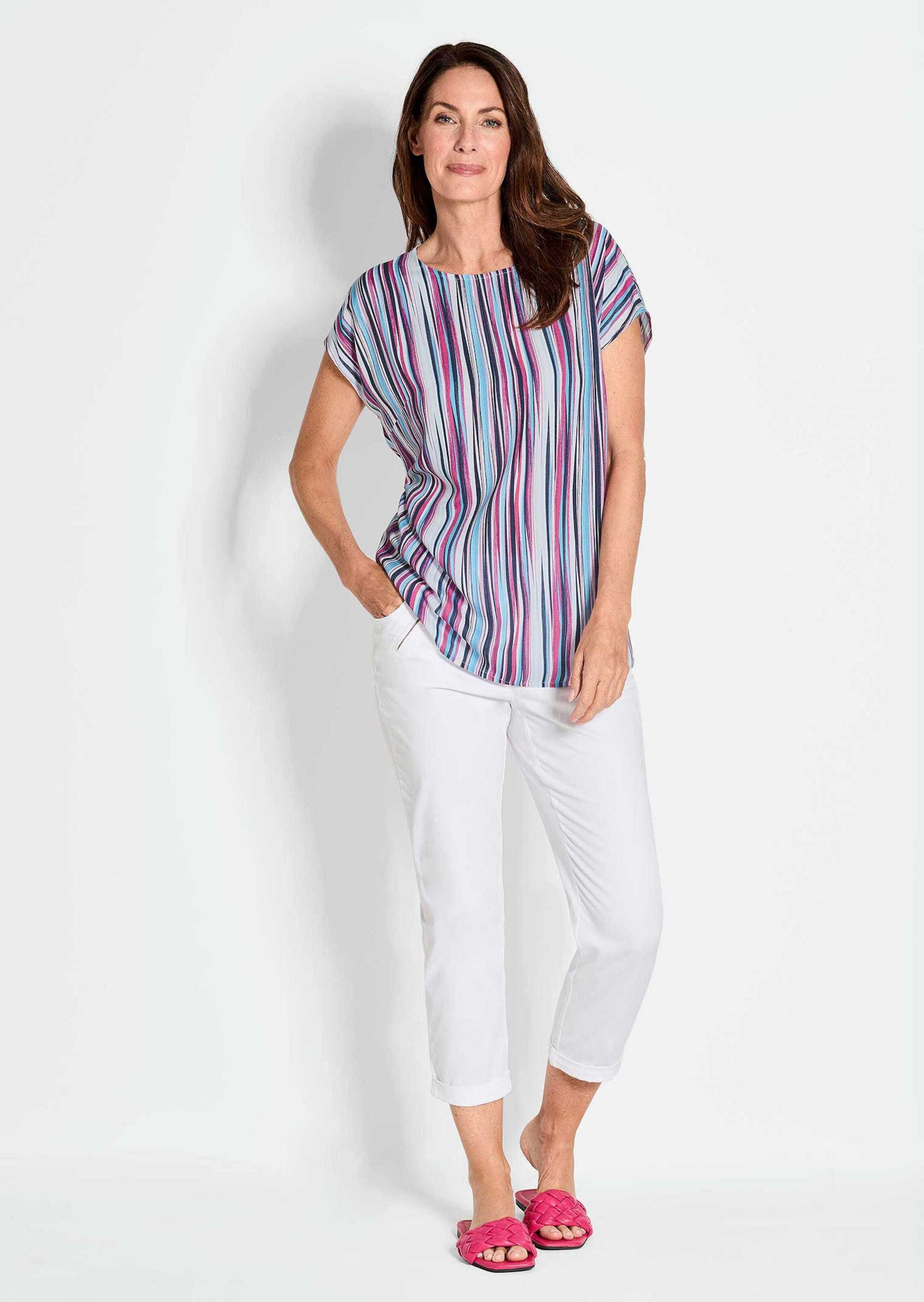 GOLDNER Druckbluse »Kurzgröße Halbarmbluse, überschnittene Schulter« Ohne