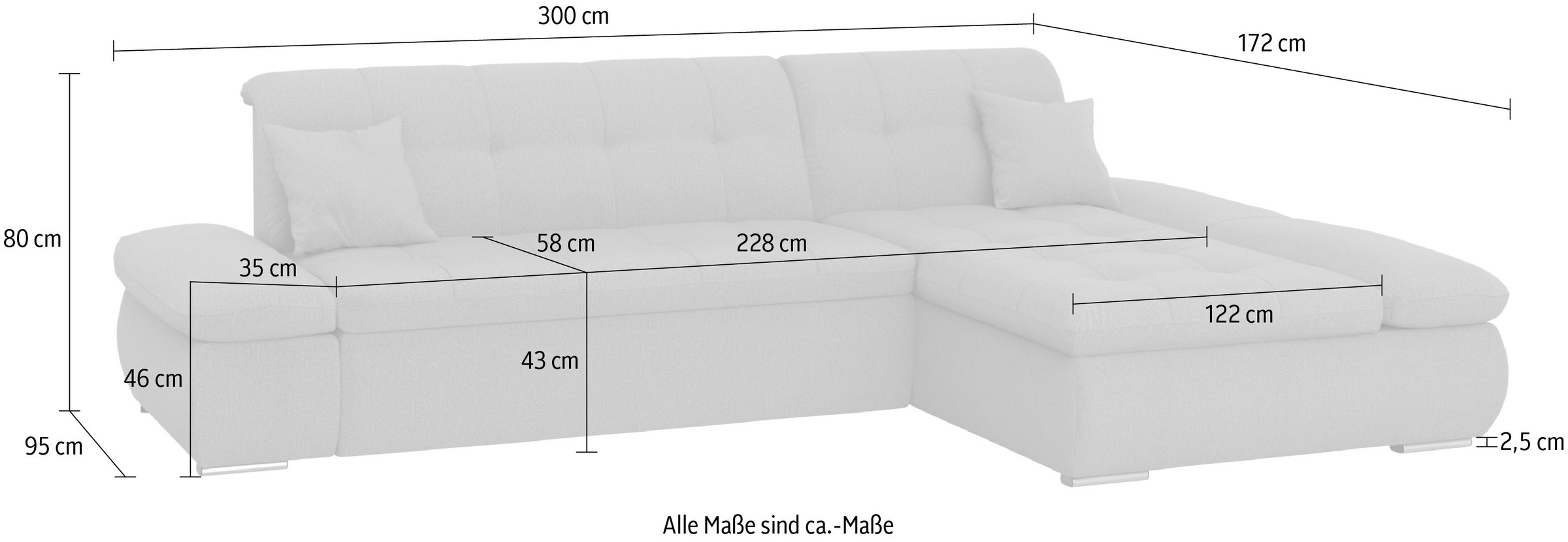 DOMO collection Ecksofa »Moric, L-Form, XXL-Sofa - Breite 300cm«, wahlweise mit Bettfunktion und Armteilverstellung, grau-eisblau
