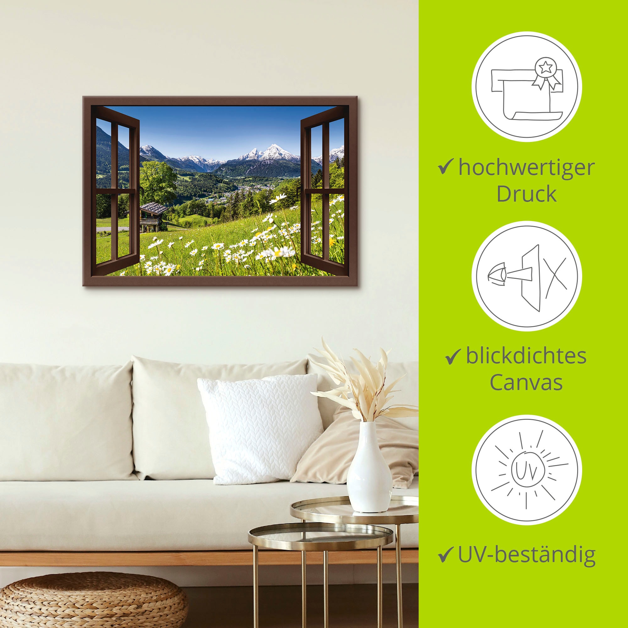 Artland Wandbild »Fensterblick Bayerischen Alpen«, Berge, (1 St.), als Alubild, Outdoorbild, Leinwandbild, Poster, Wandaufkleber