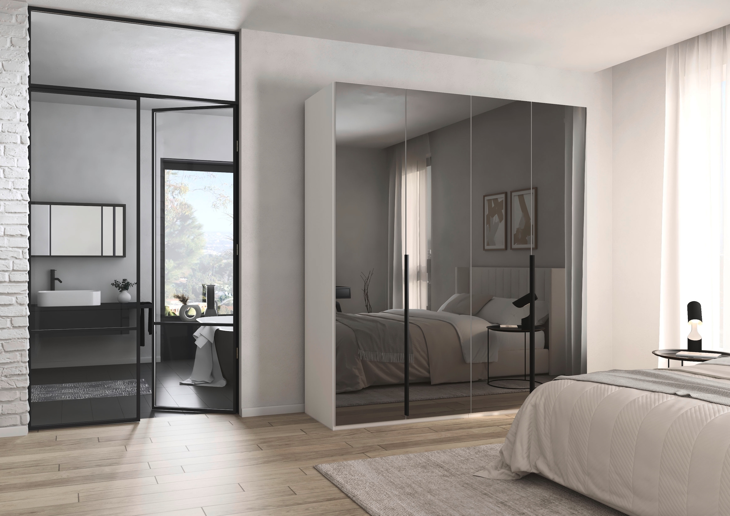 rauch Drehtürenschrank »Kleiderschrank Schrank Garderobe Wäscheschrank BESTSELLER MONTCLAR« 3 Ausstattungen BASIC/CLASSIC/PREMIUM (SOFT-CLOSE), Breiten 201-400 cm,  Front in Glas/Hochglanz/Dekor/Grauspiegel in 5 Breiten MADE IN GERMANY