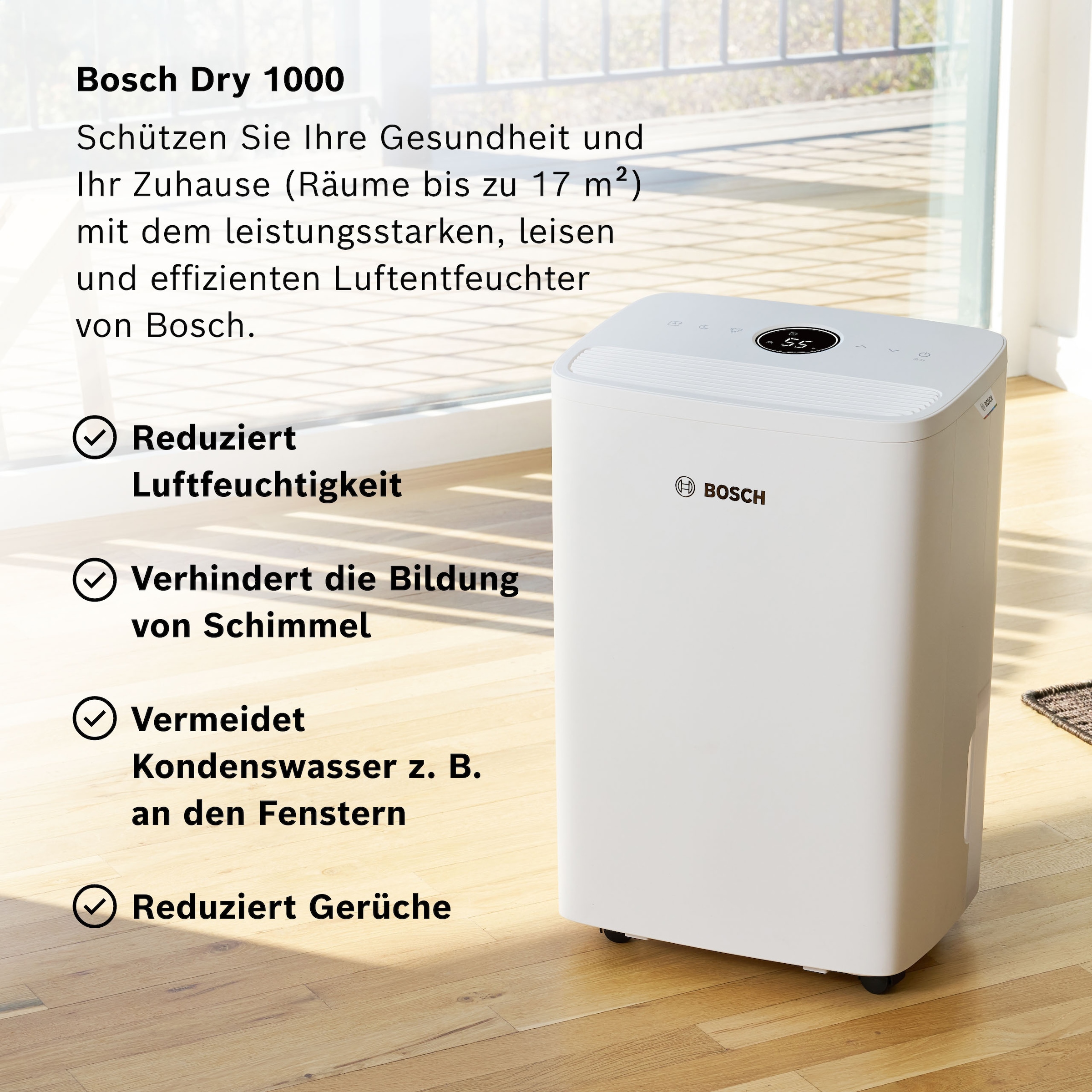 BOSCH Luftentfeuchter »Dry 1000 - Ideal für die Wohnung & schnelle Trocknung der Wäsche« Entfeuchtung 10 l/Tag Tank 2,5 l Ultra-leiser Betrieb; nur 34 dB(A)
