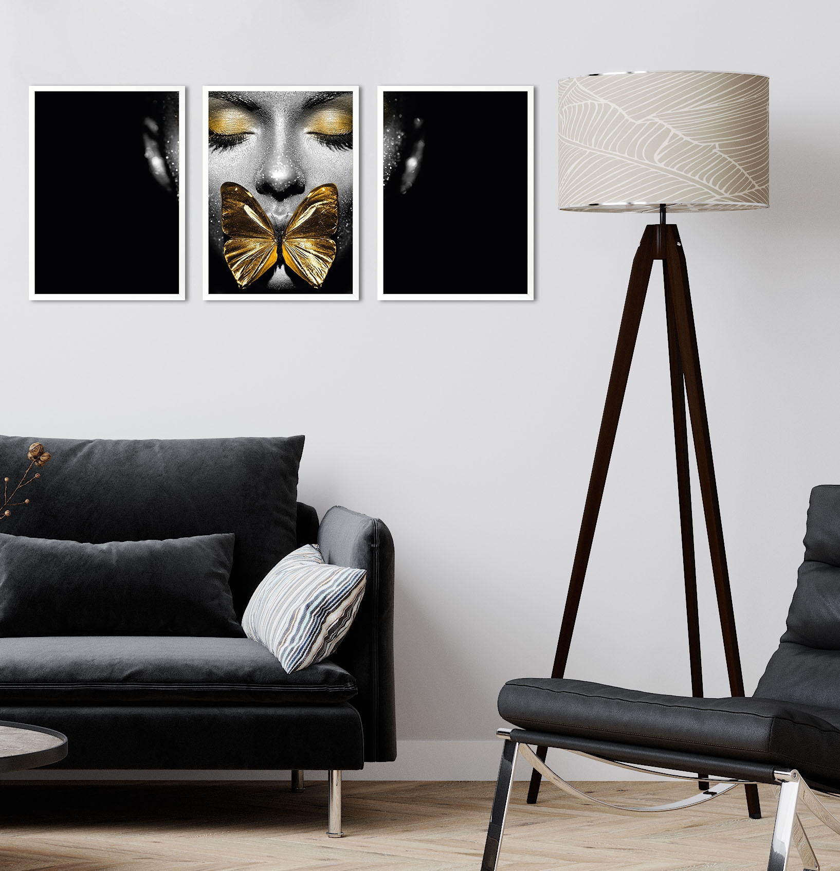 Leonique Bild mit Rahmen »Gesicht Schmetterling Gold - Gerahmter Digitaldruck - Wandbild«, Bilder von Frauen-Frau-Schwarz-Weiß-Schmetterlinge-Gesicht, (3er-Set), Premium Poster 3er Set mit Naturholzrahmen, Handarbeit aus Deutschland