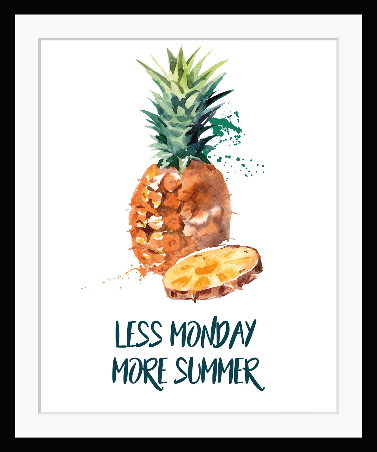 Bild »LESS MONDAY MORE SUMMER«, Ananas, Schriftzug, Ananas, gerahmt