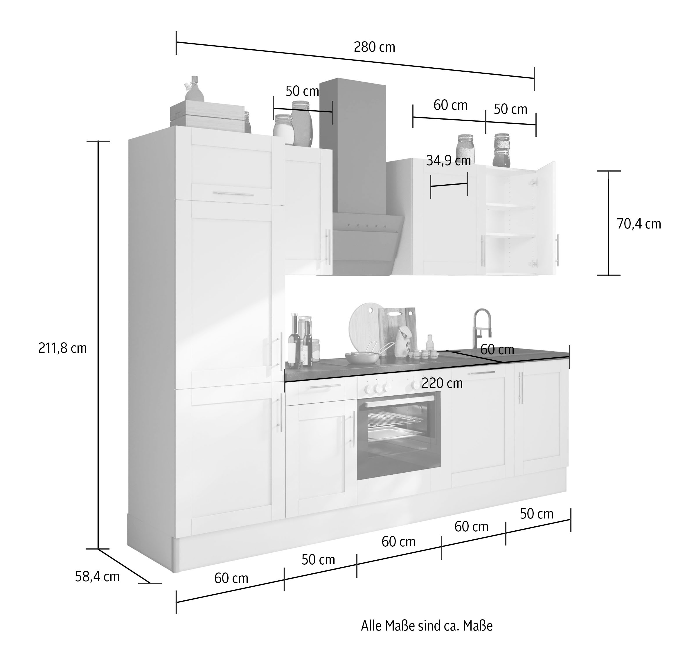 KOCHSTATION Küche »KS-Ahus«, 280 cm breit,wahlweise mit E-Geräten,MDF Fronten, Soft Close Funktion