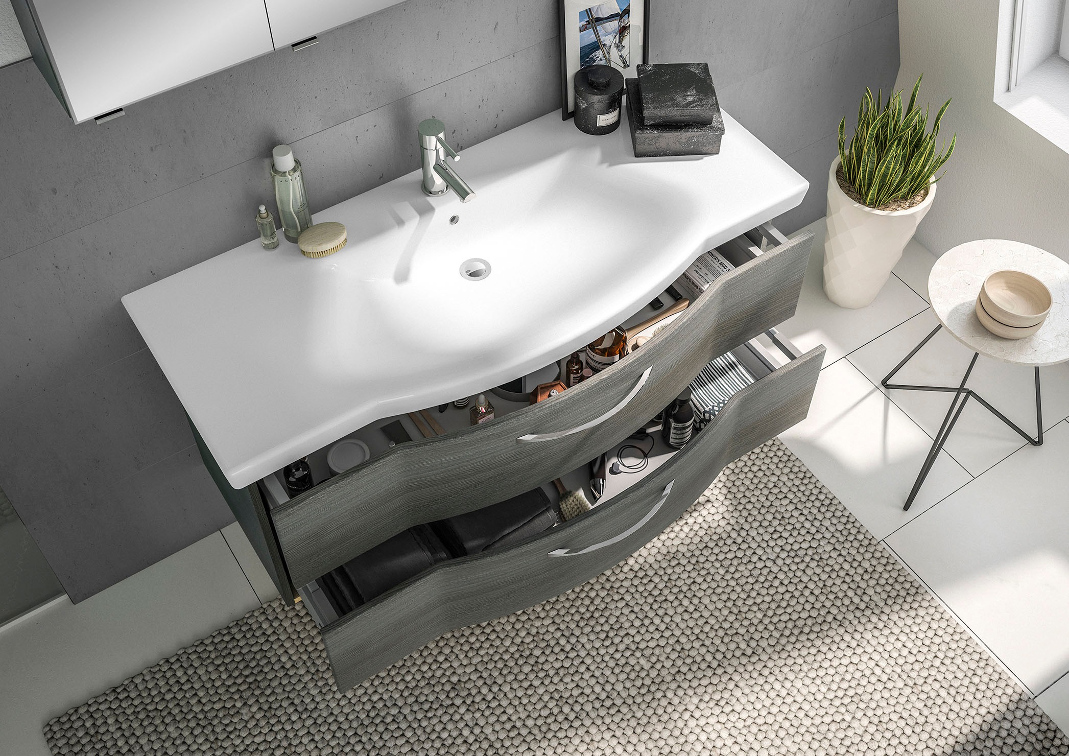 Saphir Badmöbel-Set »6005 Sprint 4-teilig, Keramik-Waschtisch mit LED-Spiegelschrank«, (5 St.), Unterschrank, Midischrank, inkl. Türdämpfer, 5 Türen, 5 Schubladen