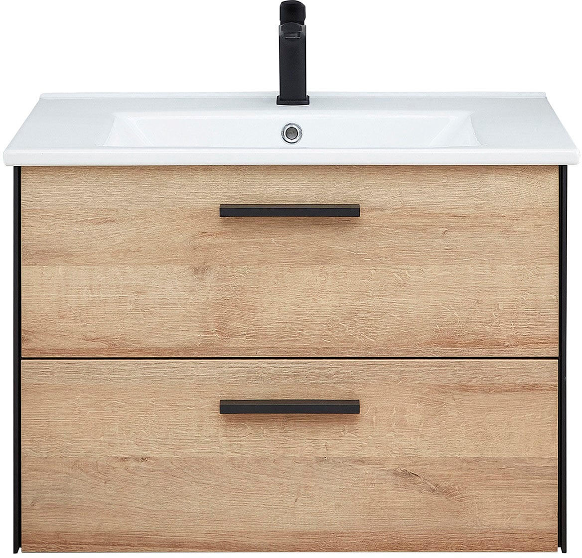 Saphir Badmöbel-Set »Quickset 395 2-teilig, Keramik-Waschtisch mit LED-Spiegel, 75 cm breit«, (2 St.), Waschplatz mit 2 Schubladen, Riviera Eiche quer Nachbildung, Bad-Set