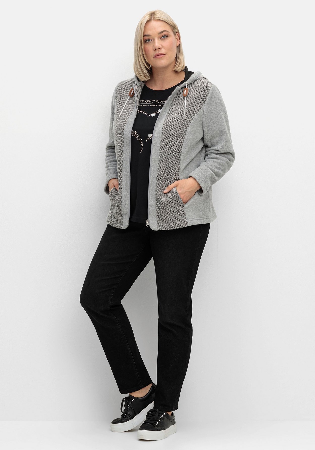 Sheego Fleecejacke »Fleecejacke mit Kapuze und Strick-Einsätzen«