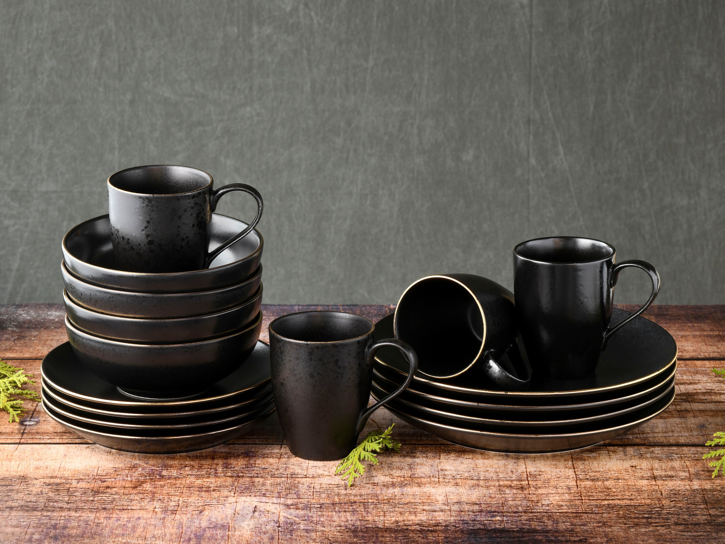CreaTable Kombiservice »Geschirr-Set Industrial«, (Set, 16 tlg., Kaffeeservice und Tafelservice im Set, für 4 Personen), Service, schwarze, Goldrand, 16 Teile, für 4 Personen