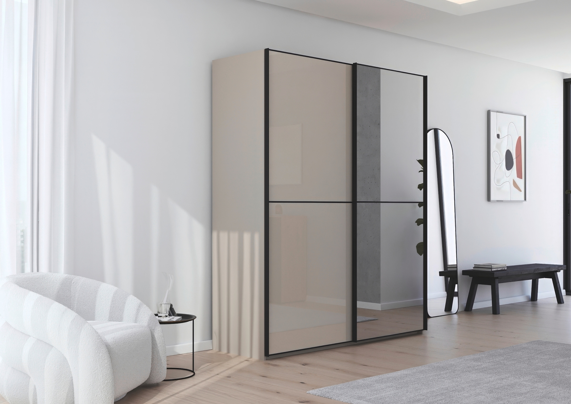 rauch Schwebetürenschrank »Kleiderschrank Schrank Garderobe Schlafzimmerschrank SCALE-DUO« edle zweigeteilte Türen Spiegel/Glas-Mix 3 Zierleisten MADE IN GERMANY