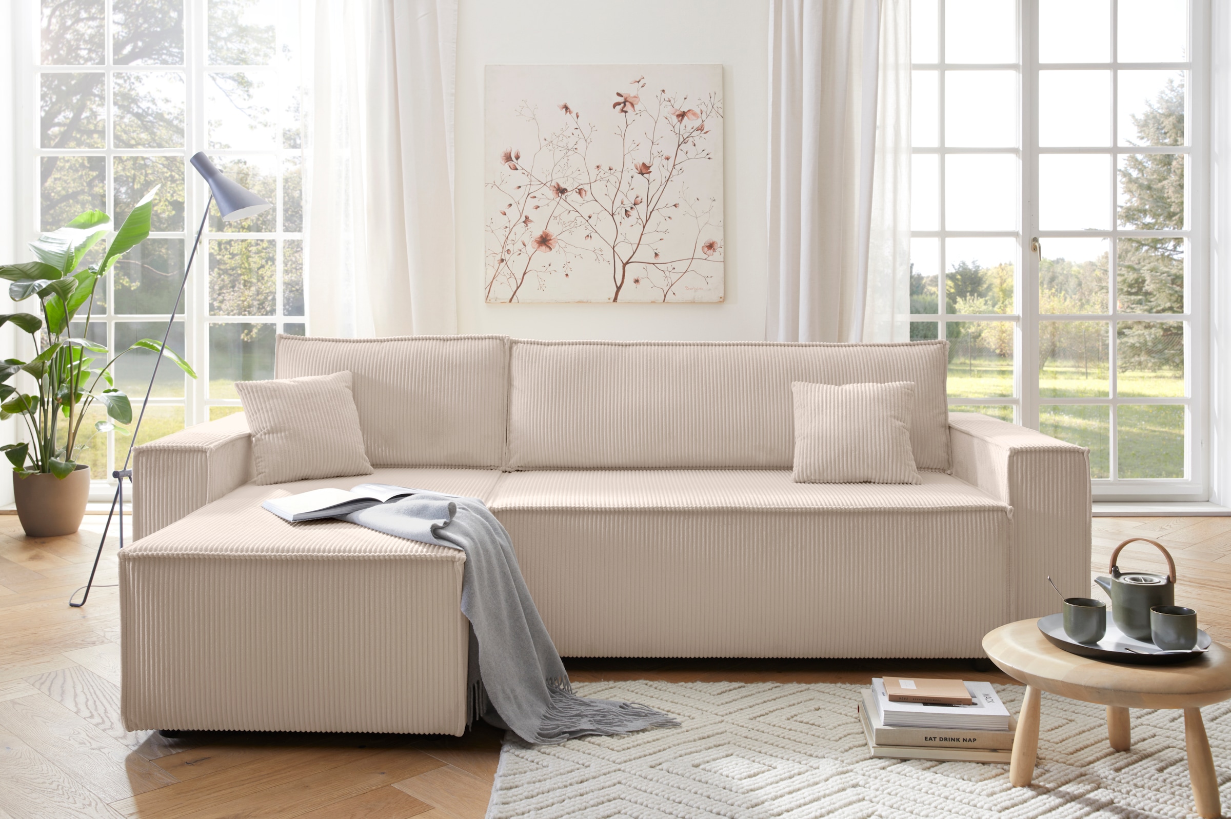 OTTO home Ecksofa »CASSI, 241cm, L-Form, Schlafsofa, Dauerschläfer, Boxspringfederung«, Schlaffunktion (133/200),Bettkasten, Recamiere links/rechts, Cord