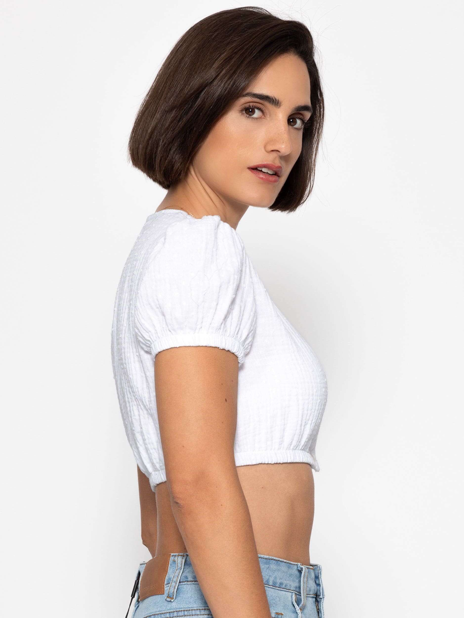 SASSYCLASSY Trachtenbluse »Bluse aus Musselin mit Tupfen« Traditionelle Trachtenbluse mit V Ausschnitt und Puffärmeln Weiß