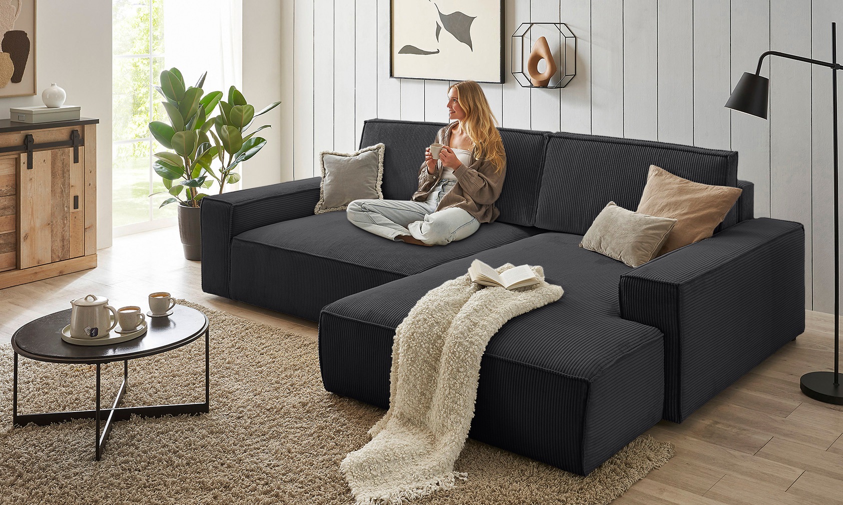 Home affaire Ecksofa »NEU: SHERWOOD XXL 284, Big-Sofa L-Form, tiefe Sitzfläche 95 cm, Cord« Recamiere rechts/links, als Schlafsofa stellbar, Cord u. Leinenoptik