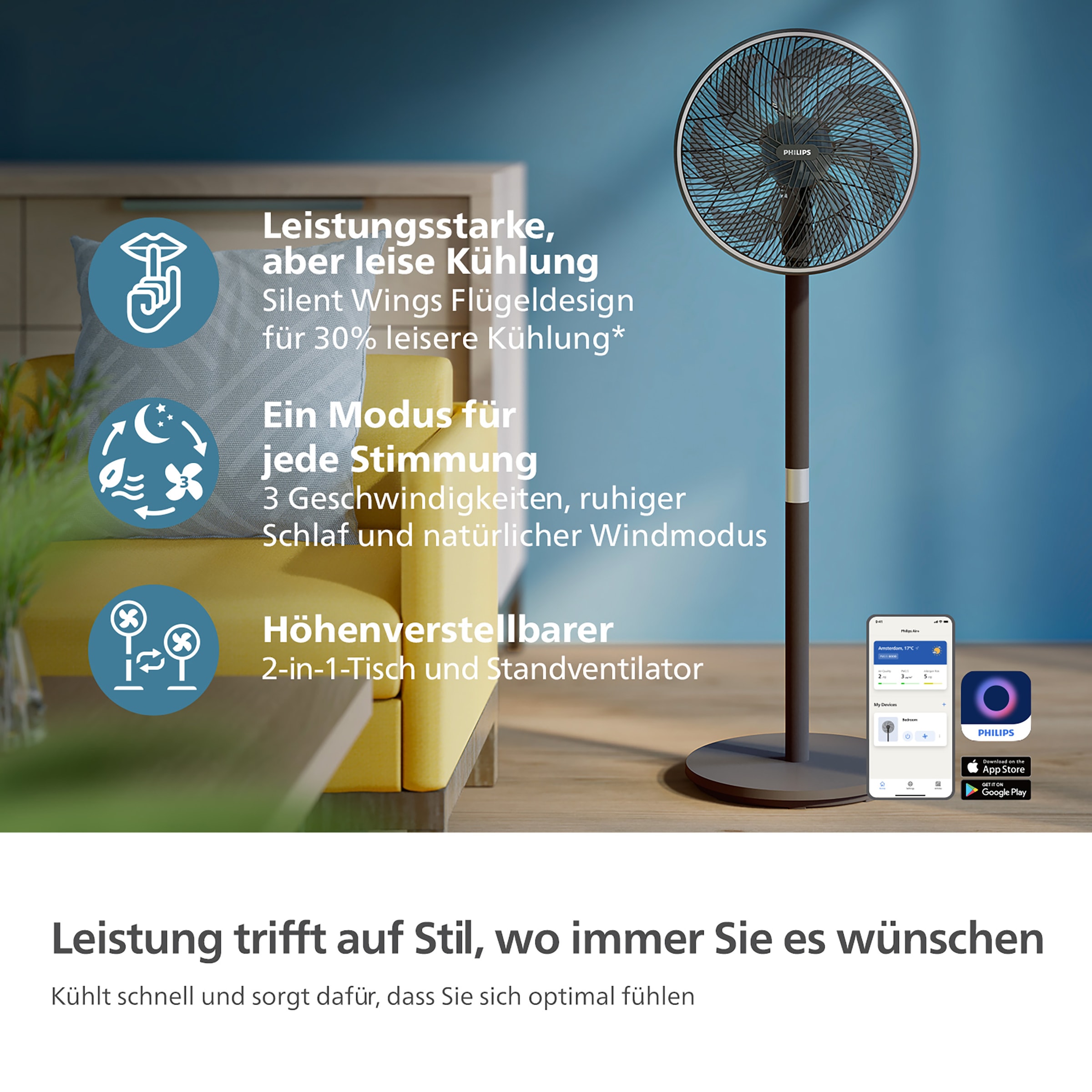 Philips Standventilator »CX3550/01 Serie 3000, mit extrem leiser SilentWings-Technologie, 23 dB«, 2-in-1-Tisch- & Standventilator, neig- & drehbar, mit App-Steuerung