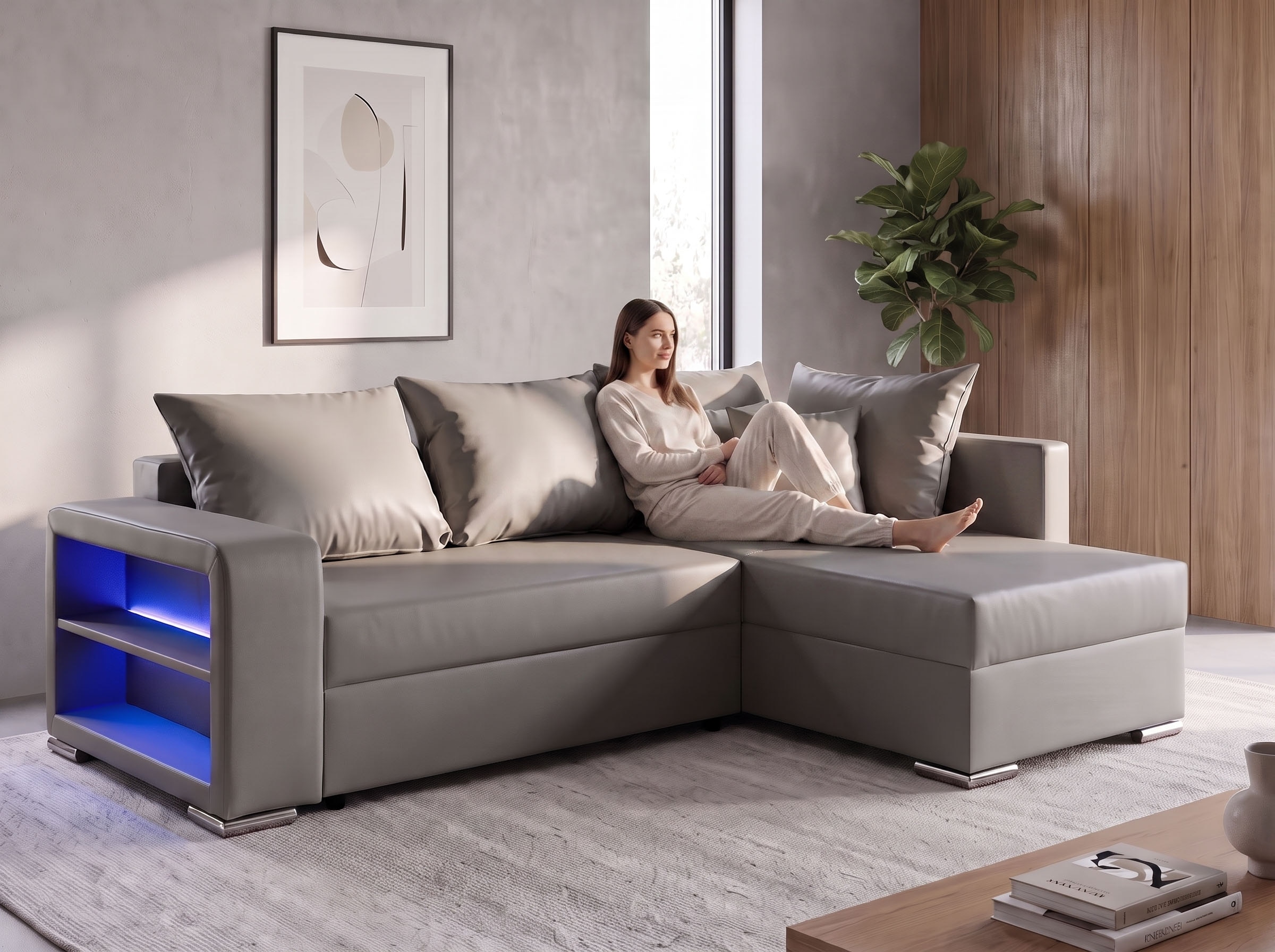 COLLECTION AB Ecksofa »John L-Form, B: 226 cm, Schlaffunktion & Bettkasten« Regalelement mit Licht, Couch mit Federkern, 2 Zierkissen
