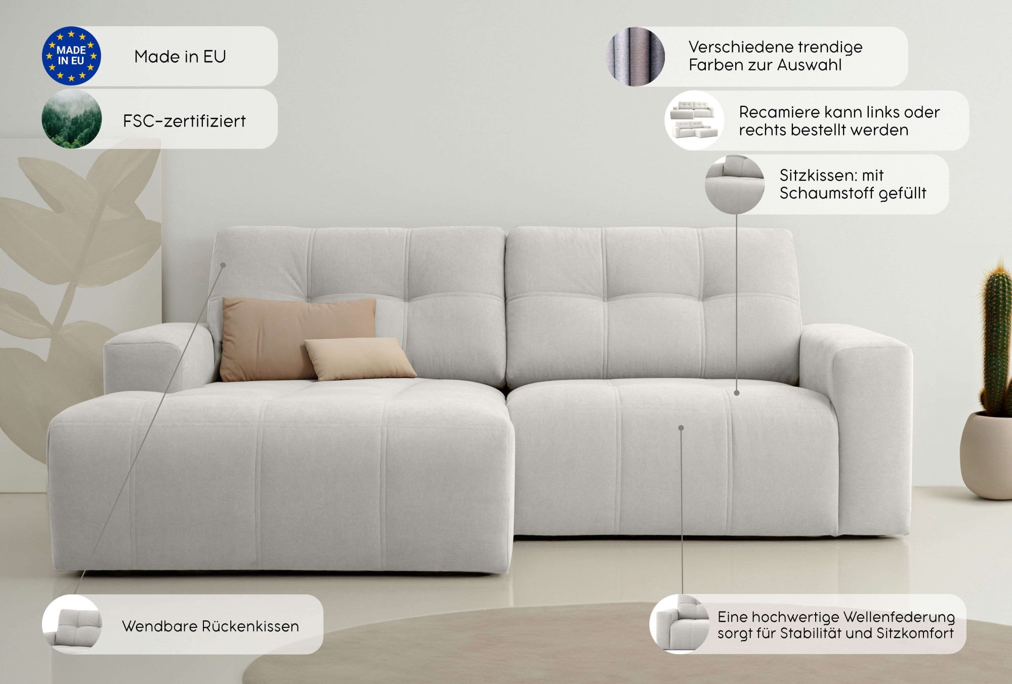 Home affaire Ecksofa »Turnon, Lounge-sofa, Breite 221 cm«, Chenille, mit Knopf- und Doppelsteppung, elegantes Aussehen