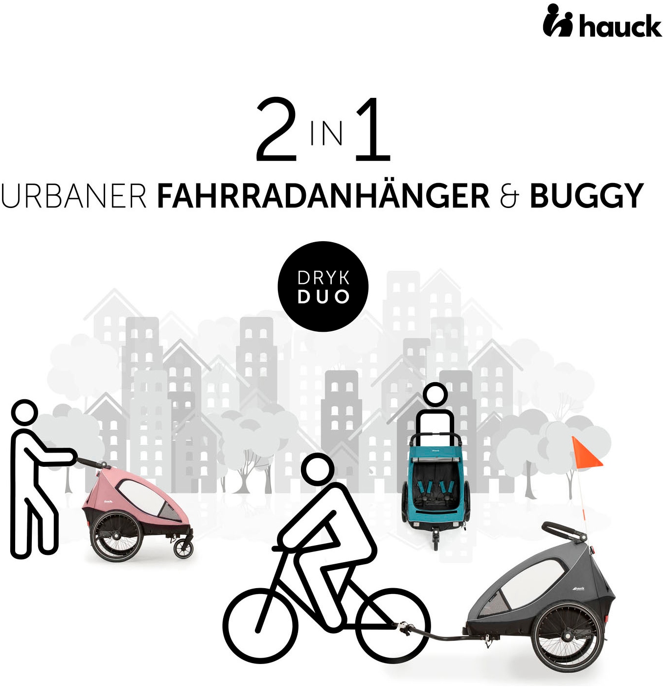 Hauck Fahrradkinderanhänger »Dryk Duo, Ocean Green«, für 2 Kinder; inkl. Buggy-Rad