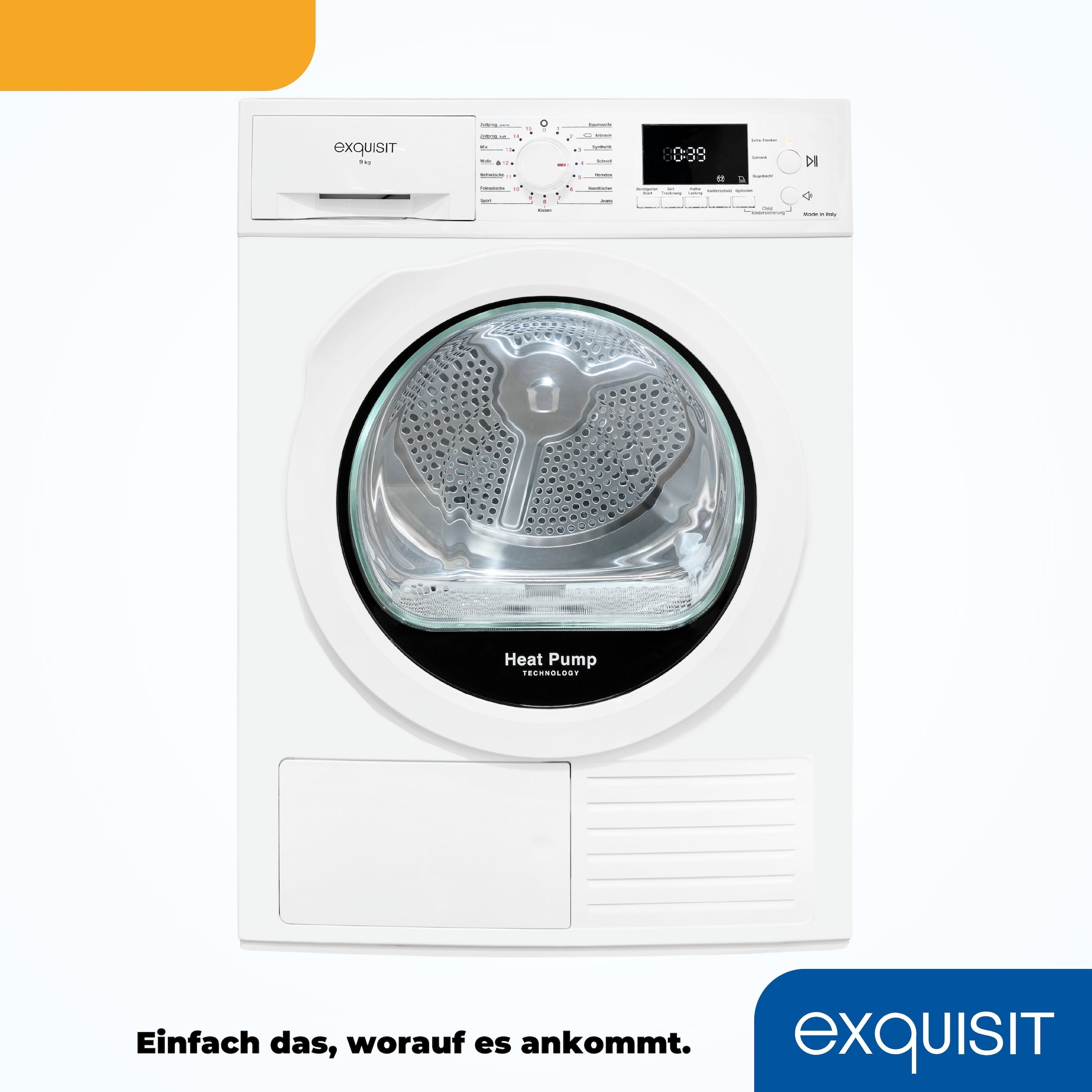 exquisit Wärmepumpentrockner »TWP903-410 weiss«, 9 kg, 15 Programme, Startzeitvorwahl, Knitterschutz, LED-Licht