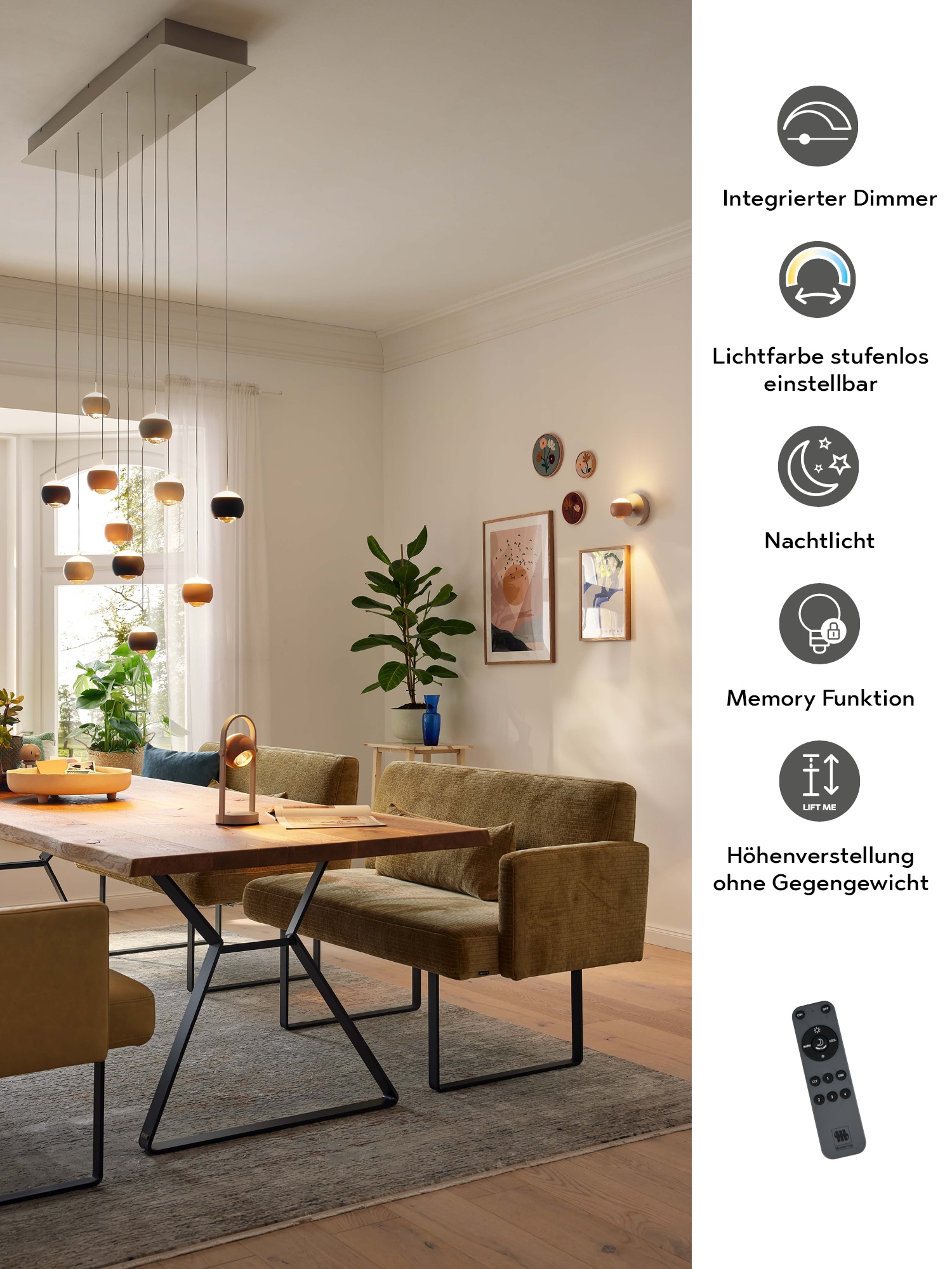 Musterring LED Pendelleuchte »CANNON, 1-flammige LED Hängelampe 5W 500Lumen 2300-4000K CCT« LED-Board 1 Stk. Farbwechsler | warmweiß - kaltweiß mit Fernbedienung, stufenlos höhenverstellbar max 195cm dimmbar Memory