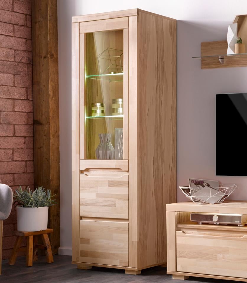 Home affaire Vitrine »DENIS75, 5 Fächer, Teilmassiv, 1 Tür mit Glaseinsatz, grifflos« B/T/H:65/40/190cm, Einlegeboden teilwese verstellbar, Kernbuche geölt.