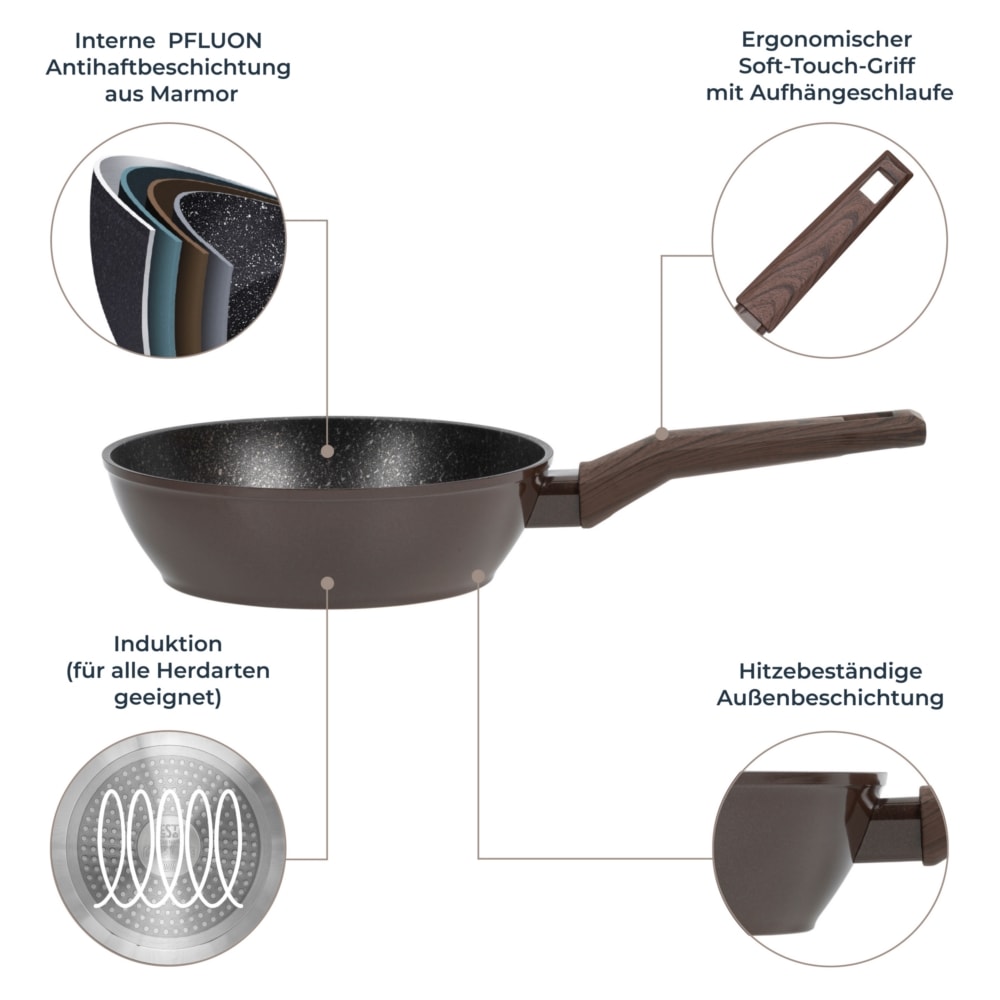 RESTO Kitchenware Bratpfanne »Carina, tiefe Schmorpfanne mit holzähnlichem Soft-Touch-Griff« Aluminium 1 Stk. tlg. mit Marmor-Antihaftbeschichtung, 4-lagig, für alle Herdarten geeignet