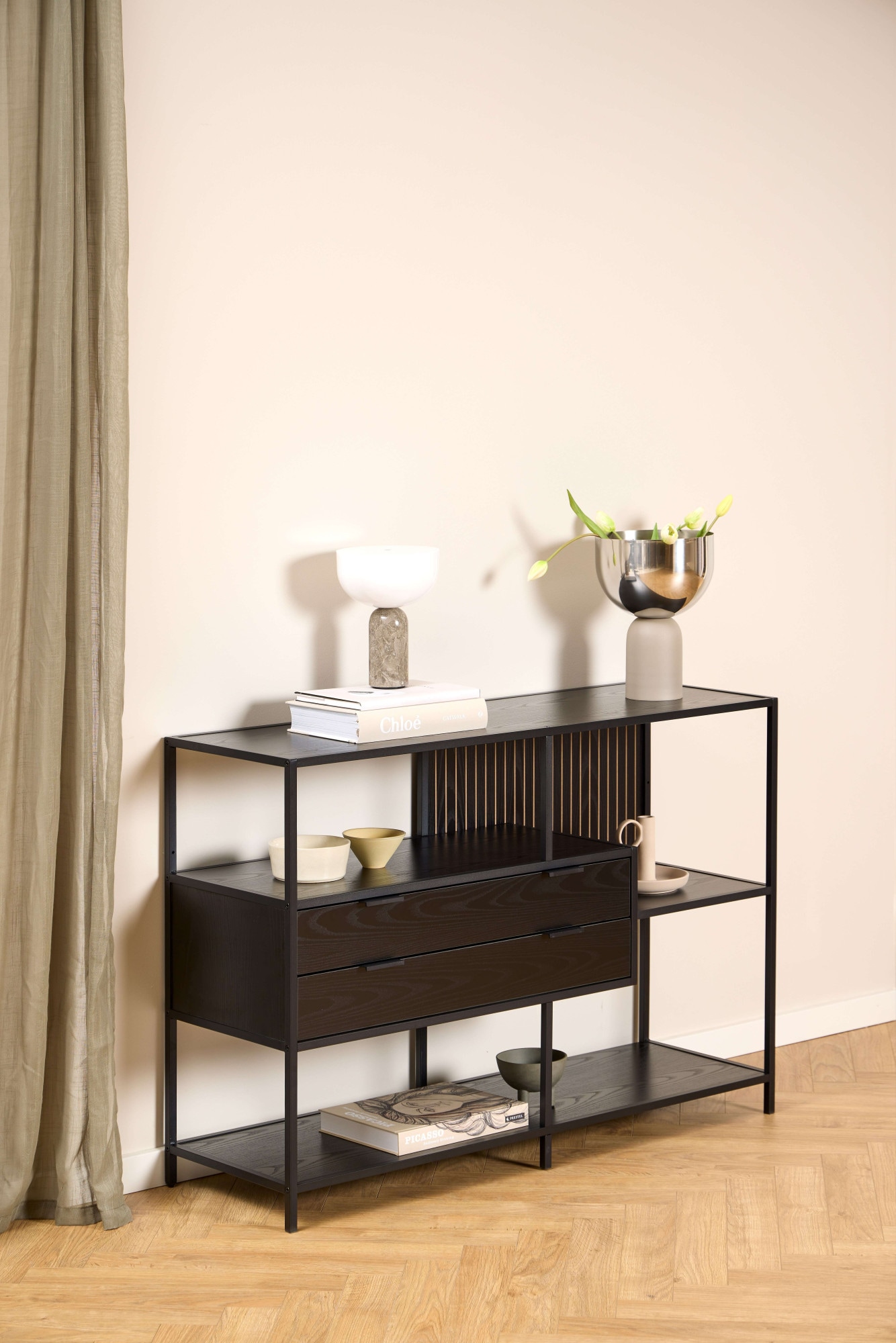 ACTONA GROUP Regal »Seaford, Standregal, Regal, Raumteiler« 114x35x78 cm,  schwarzer Stahlrahmen, 2 Schubladen, Wendemodul, Breite 114 cm