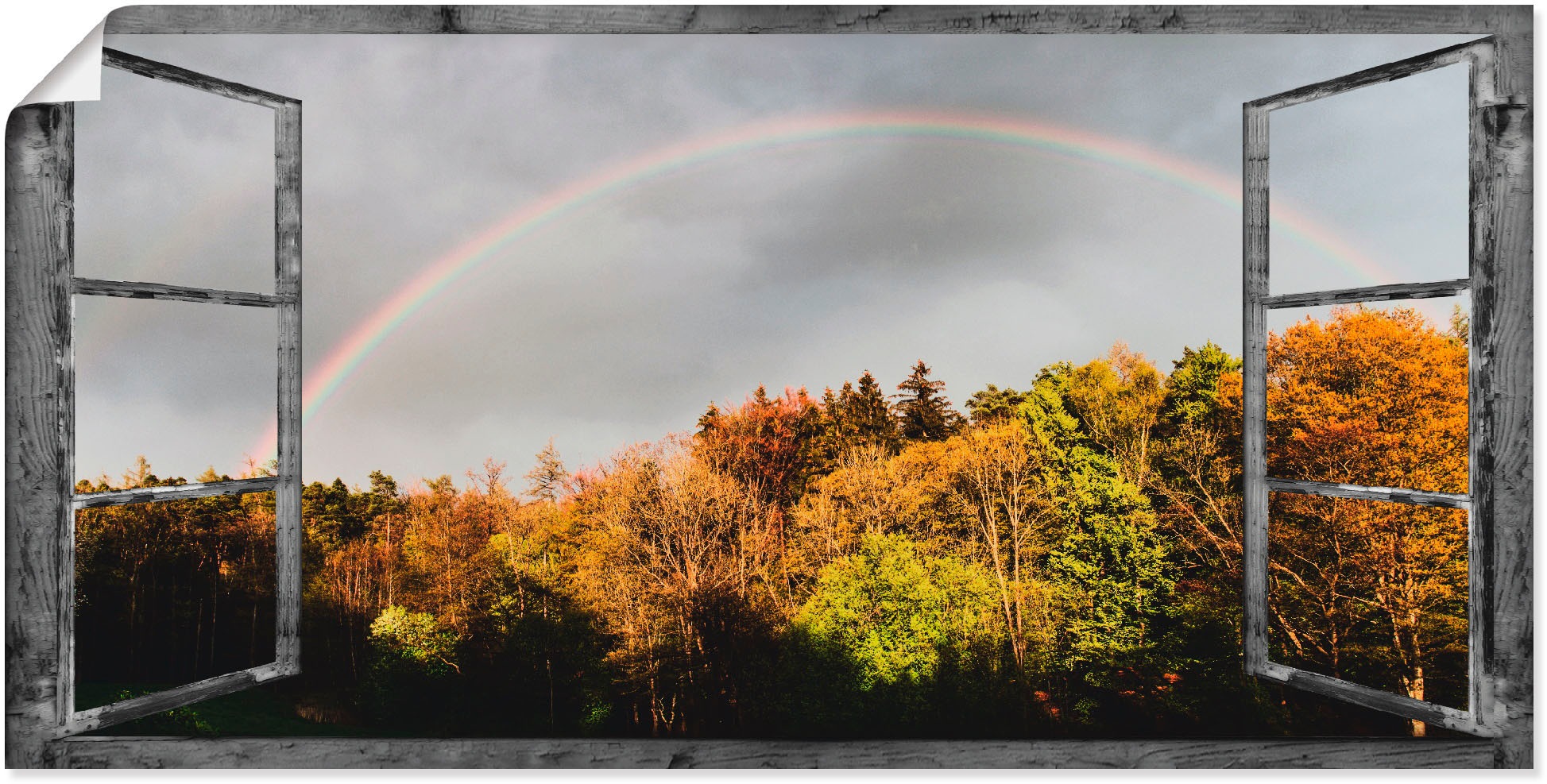 Artland Wandbild »Fensterblick - Regenbogen«, Fensterblick, (1 St.), in vielen Größen & Produktarten - Alubild / Outdoorbild für den Außenbereich, Leinwandbild, Poster, Wandaufkleber / Wandtattoo auch für Badezimmer geeignet