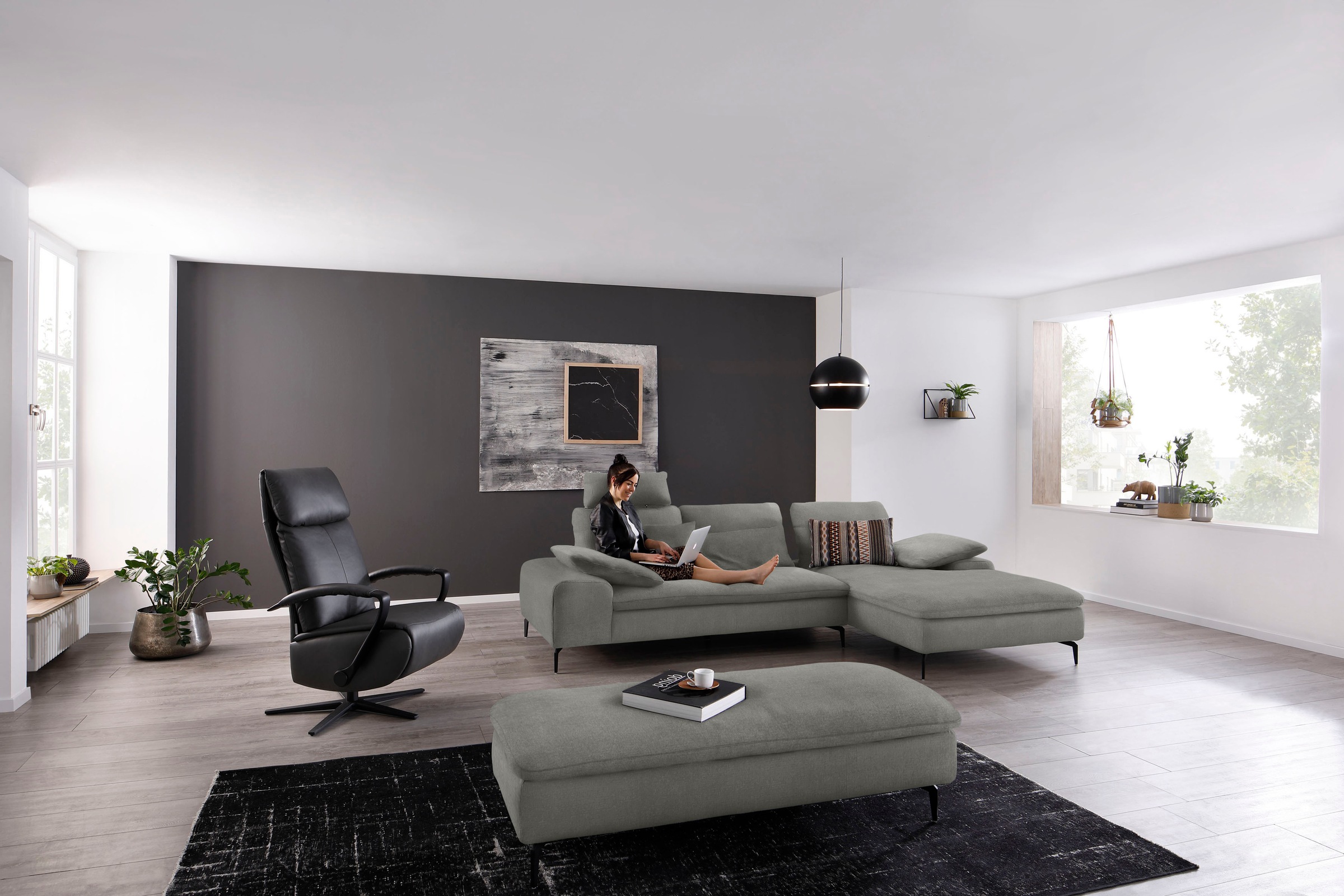 W.SCHILLIG Ecksofa »valentinoo, Designsofa, bequem, elegant und zeitlos, L-Form«, (Set), inklusive Hocker, mit Sitztiefenverstellung, Breite 299 cm