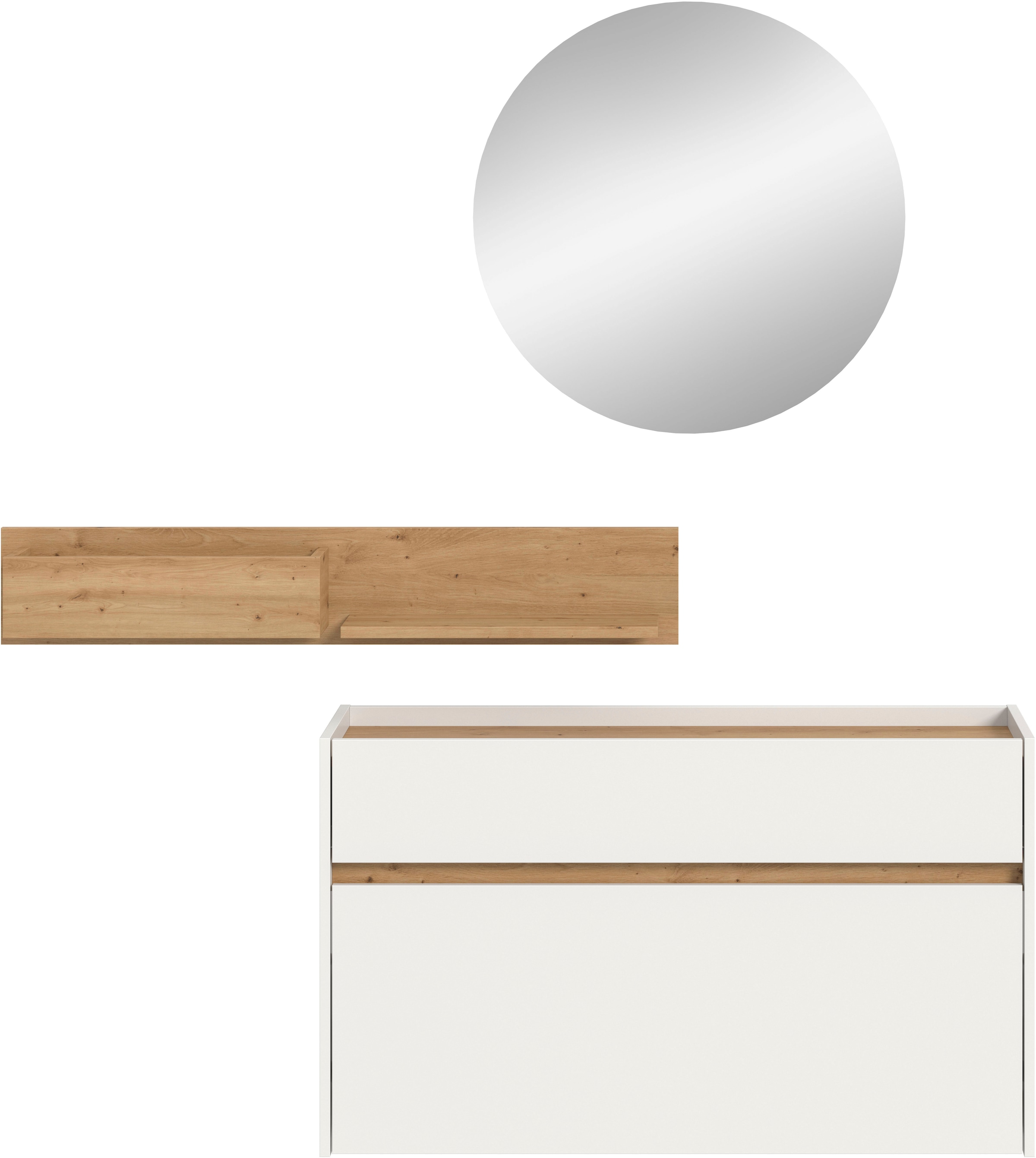 INOSIGN Garderoben-Set »EVRID, 3-teilig, Breite 140 cm, individuell hängbar & erweiterbar« best. aus: Kommode, Wandboard & Spiegel, 3 Stk. tlg. Garderobenkombination, Garderobe, Wandgarderobe, Flur, Diele