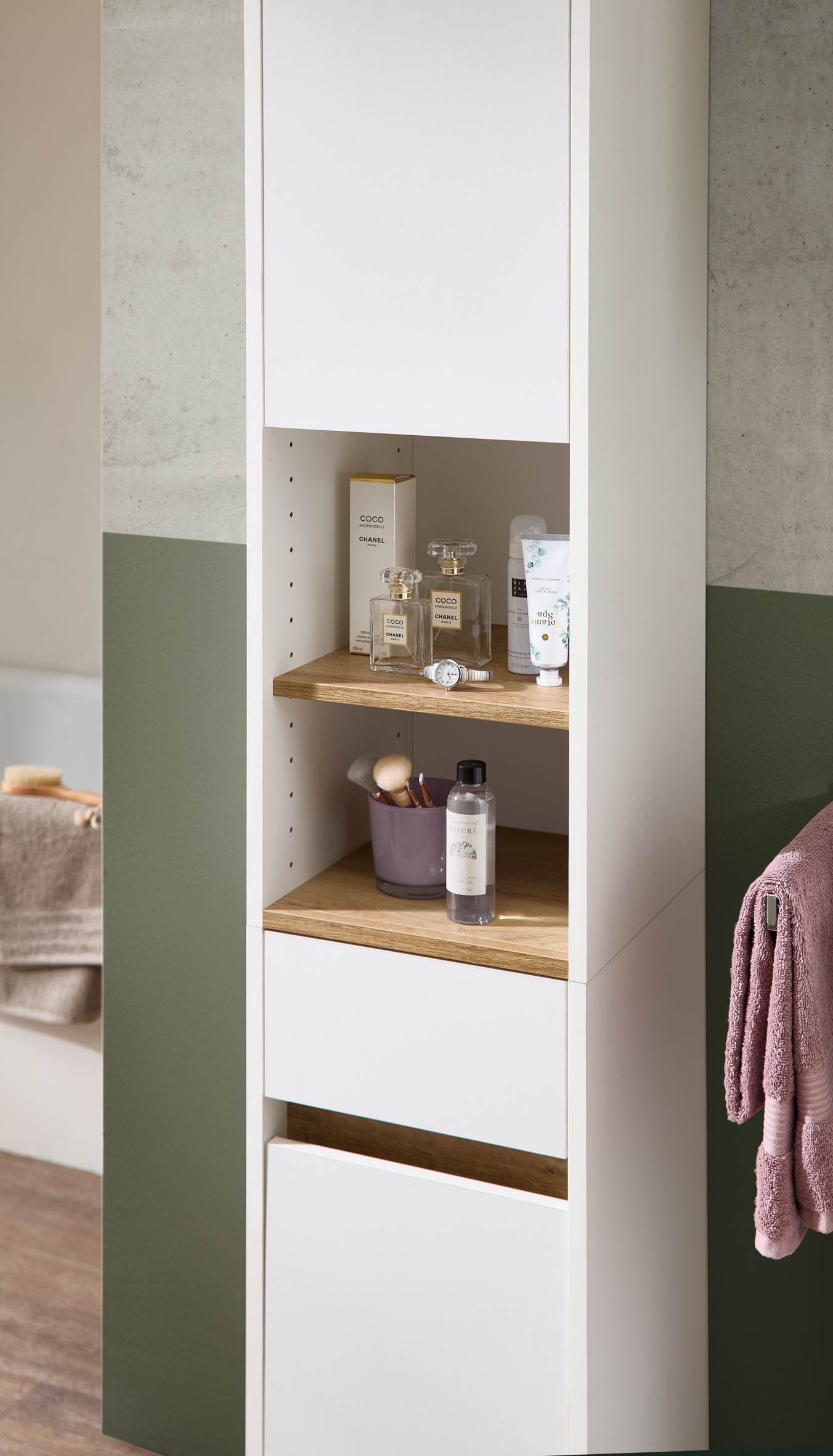Saphir Hochschrank »Quickset 100, Badschrank 32,4 cm, 2 Türen und 1 Schublade«, 3 Einlegeböden, 2 offene Fächer, Badezimmer-Hochschrank, Akzentfuge