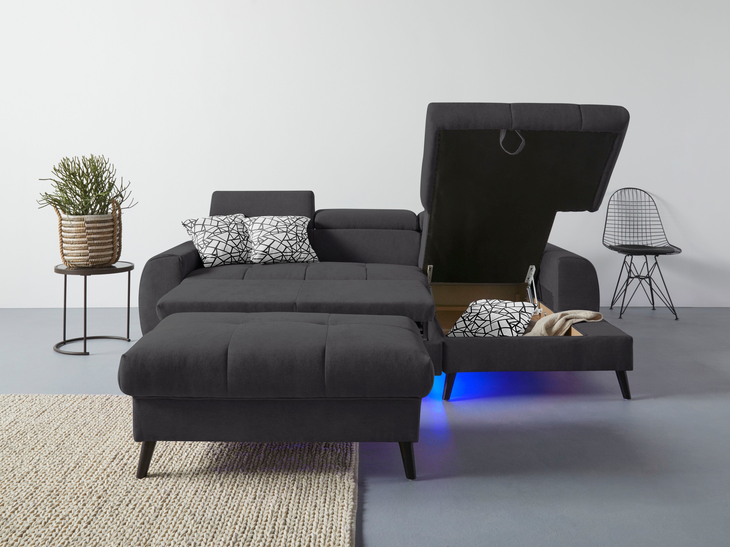 COTTA Ecksofa »Mia L-Form mit 3 Zierkissen«, wahlweise mit Bettfunktion, Bettkasten, Beleuchtung & Wireless-Charger