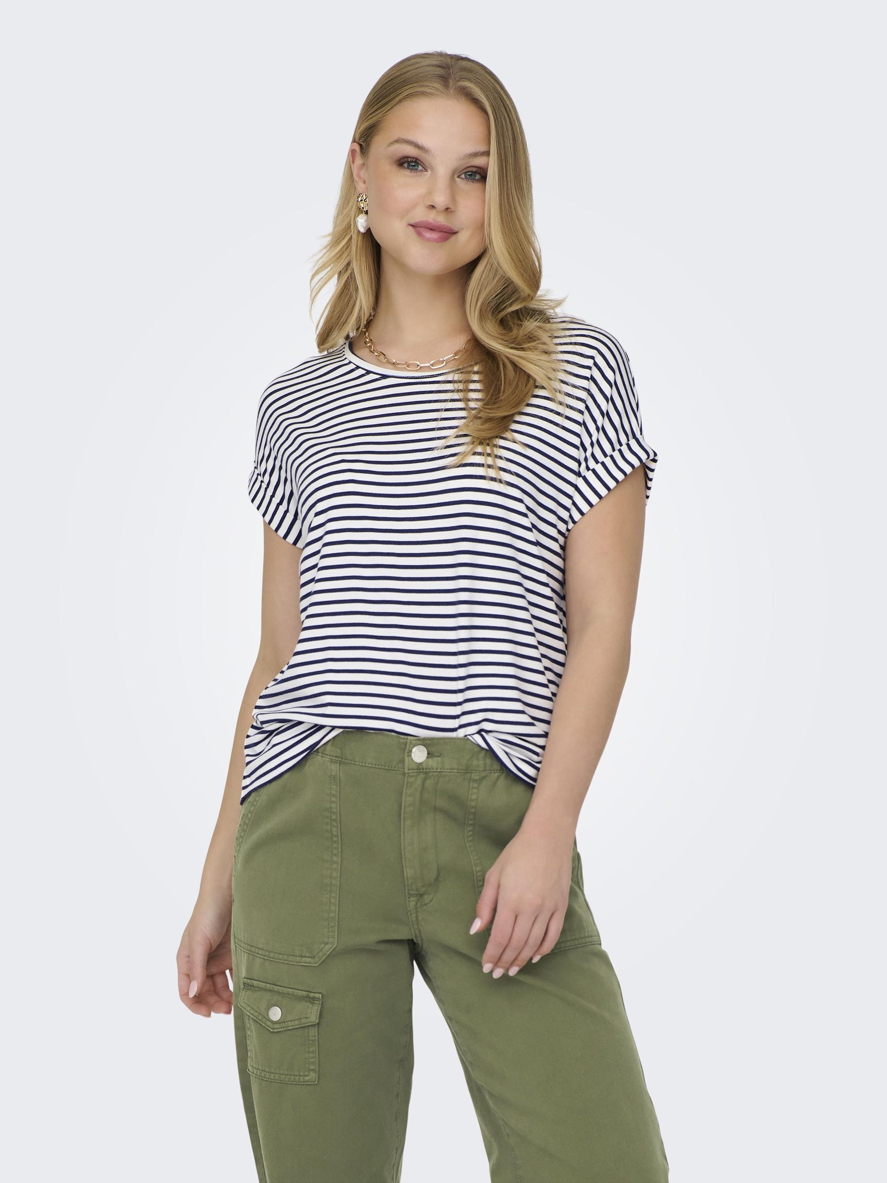 ONLY T-Shirt »ONLMOSTER STRIPE S/S O-NECK TOP JRS NOOS«, mit Aufschlag am Arm