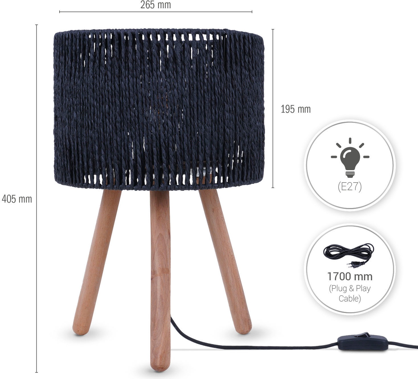 Paco Home Tischleuchte »PITA«, Leuchtmittel E27 | ohne Leuchtmittel, Nacht Schreib Lampenschirm Boho Holz Stativ E27