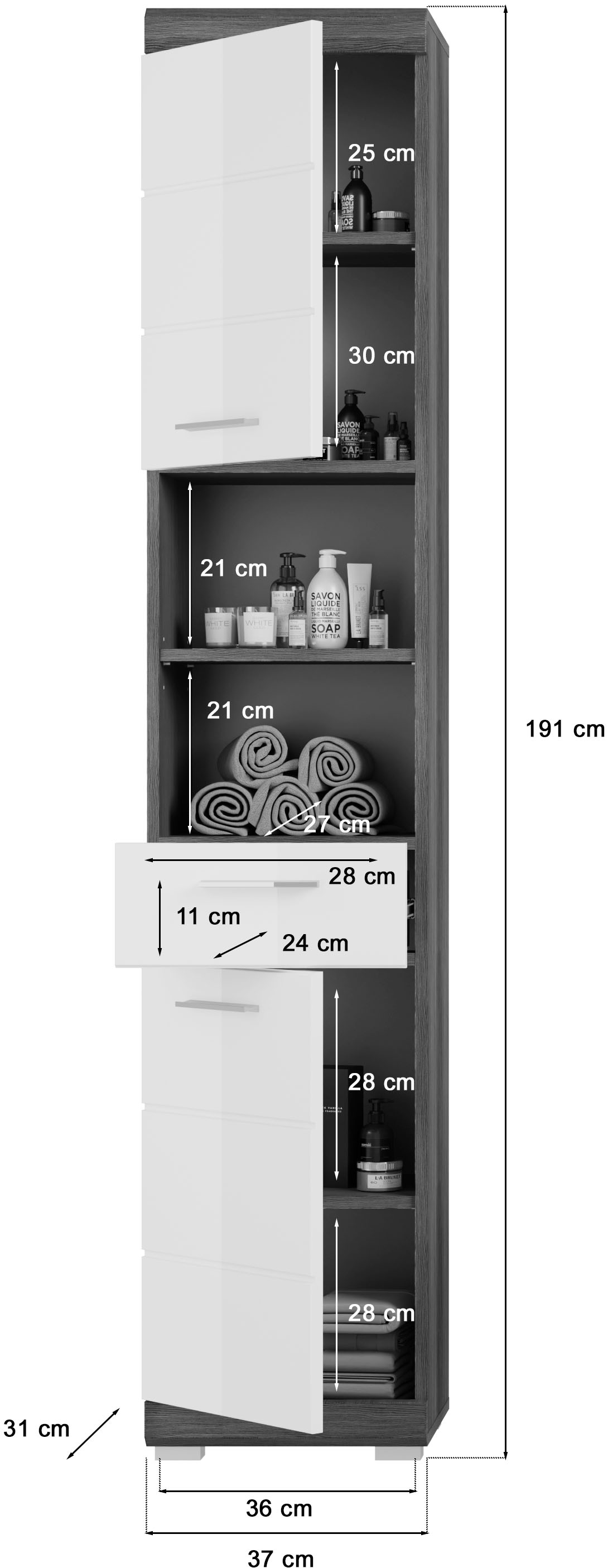 INOSIGN Hochschrank »Siena, Breite 37cm, 2 Tür, 1 Schubkasten, 2 offene Fächer, MDF-Front«, (1 St.), in verschiedenen Farben erhältlich, Badmöbel, Badschrank, Schrank, Bad