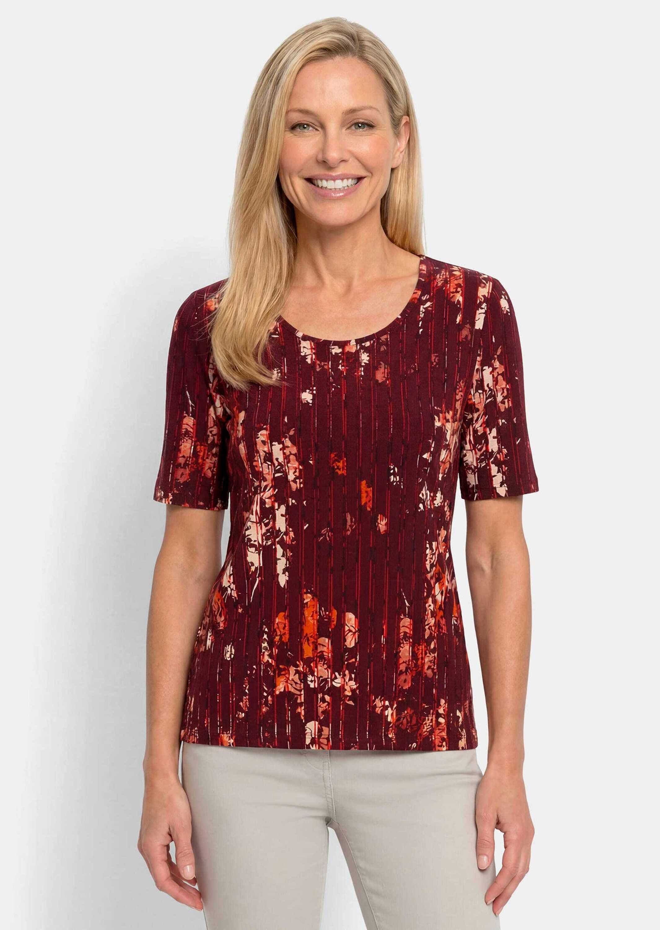 GOLDNER Kurzarmshirt »Viskoseshirt mit Blüten und Längsstreifen« stretchbequemer Viskosejersey
