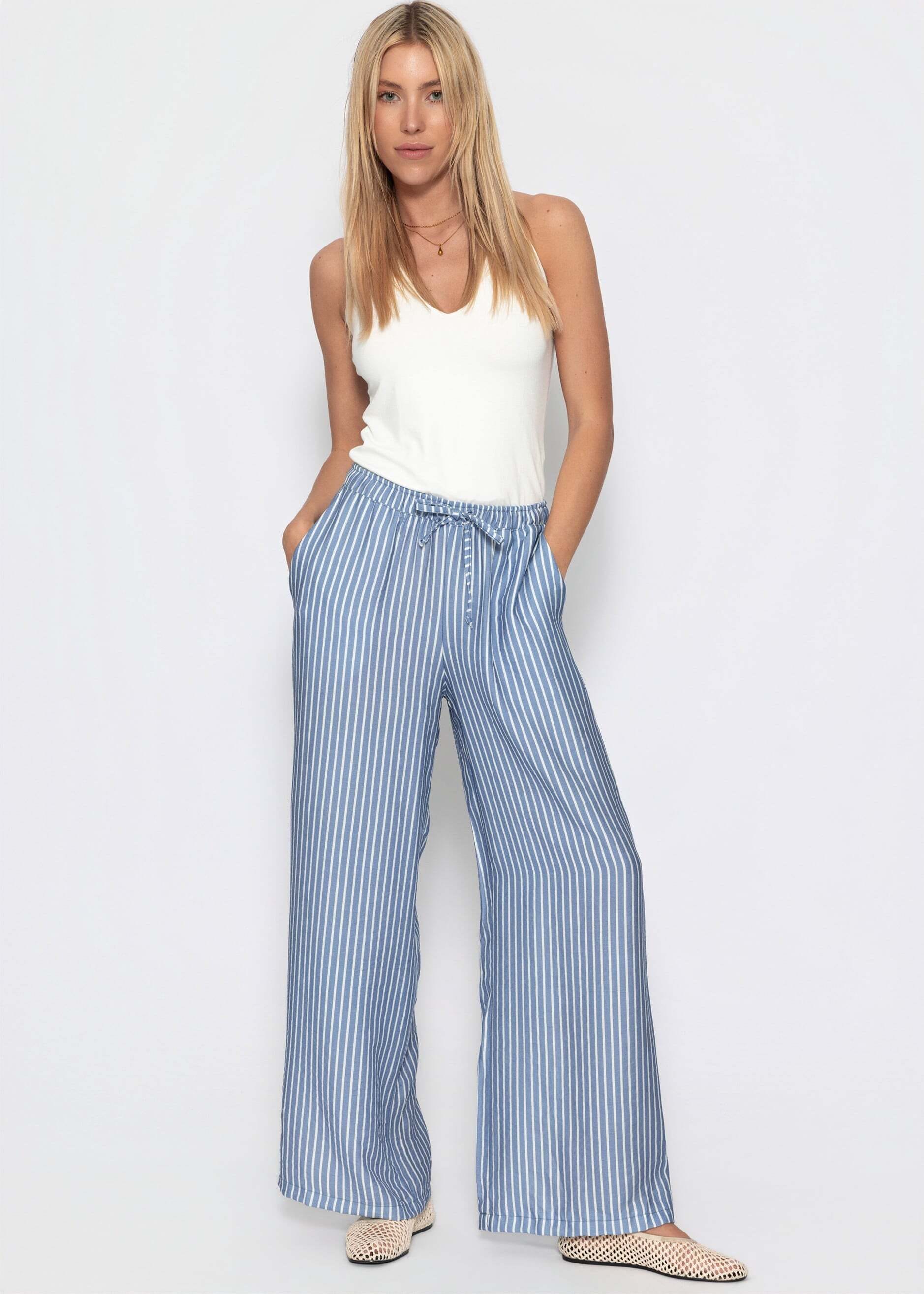 SASSYCLASSY Stoffhose »Wide Leg Hose mit Streifen und Bindeband«  Fließende Stoffhose mit Eingriffstaschen in High Waist Sitz Blau