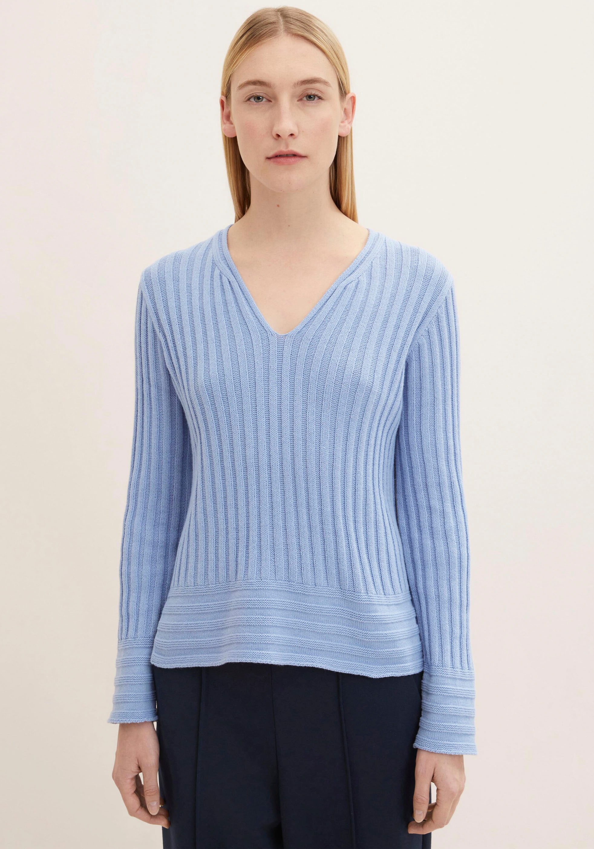 TOM TAILOR V-Ausschnitt-Pullover, in gerippter Optik