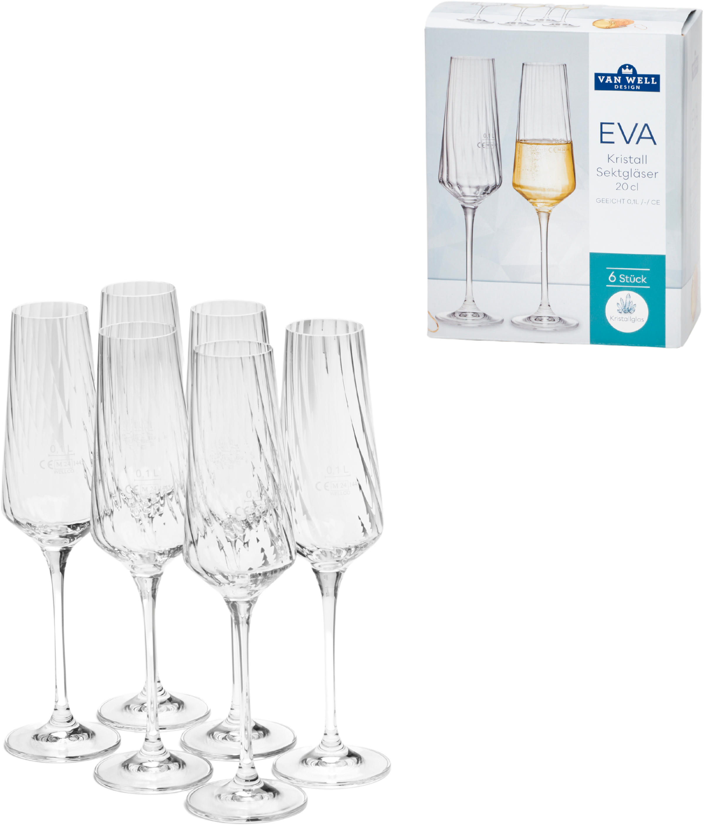 van Well Sektglas »Eva, Sektgläser 20 cl geeicht, 6 Stück« Relief-Optik, spülmaschinengeeignet